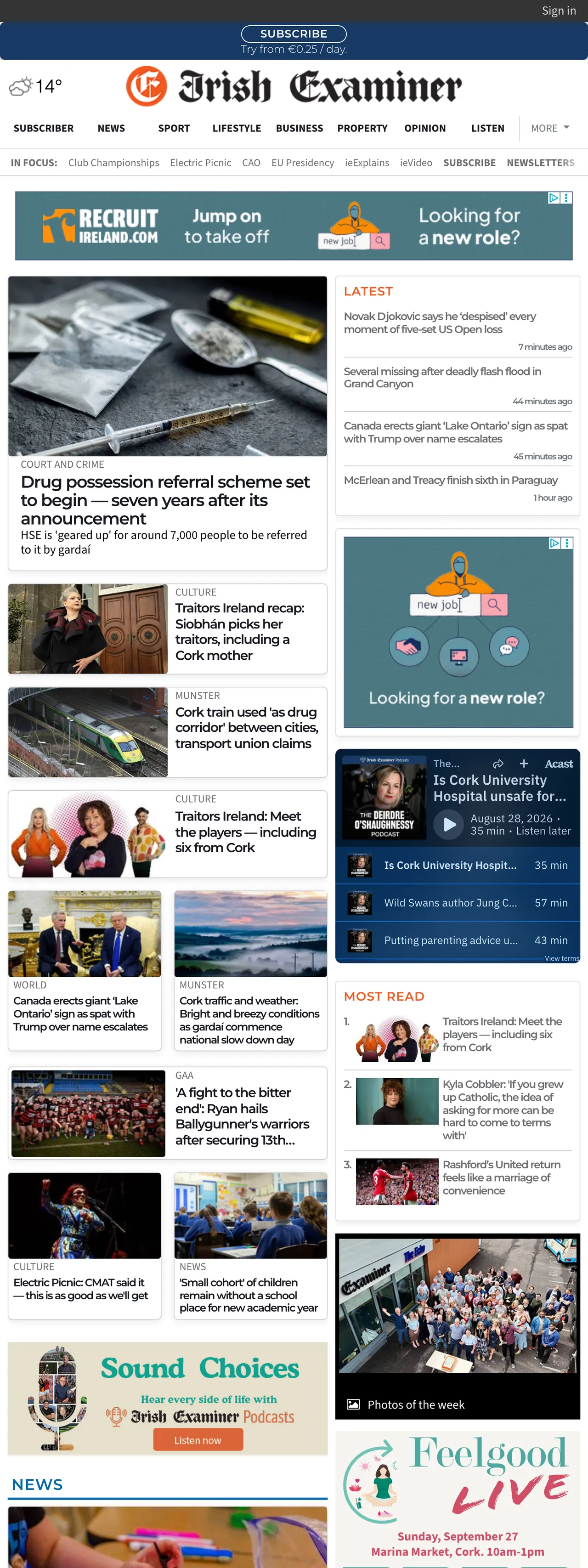 Screenshot of the Irish Examiner front page