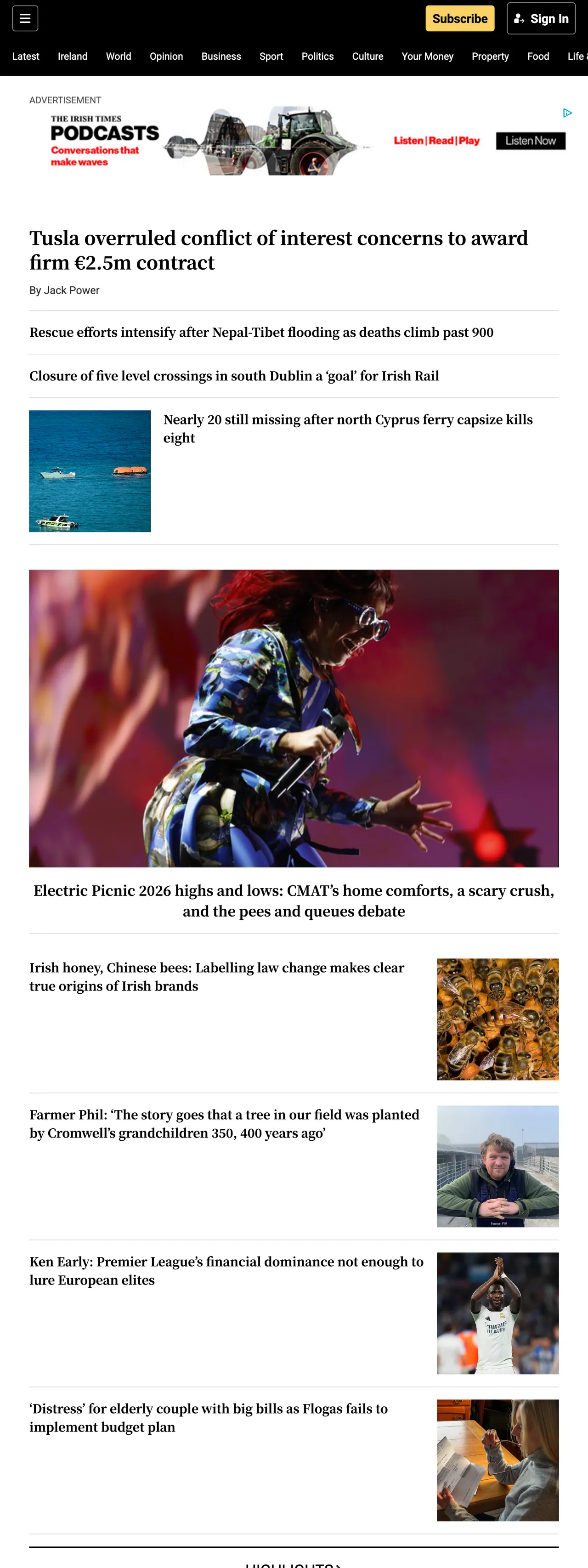 Screenshot of the The Irish Times front page