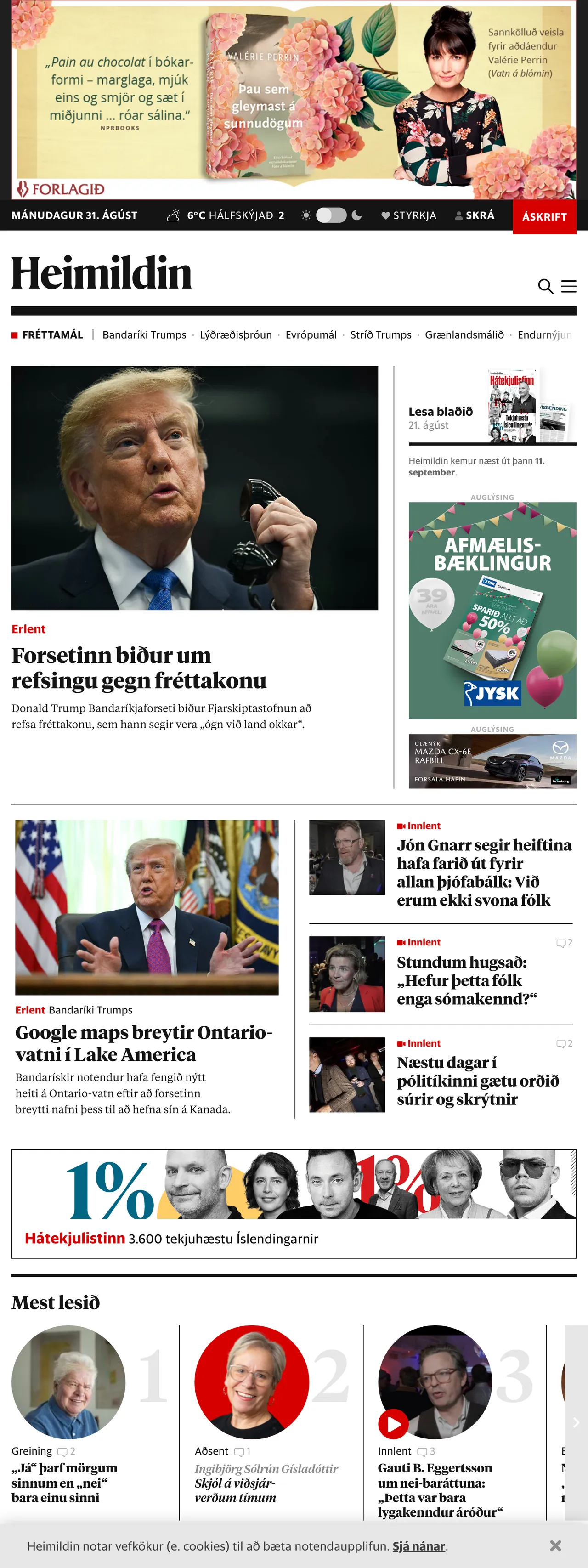 Screenshot of the Heimildin front page