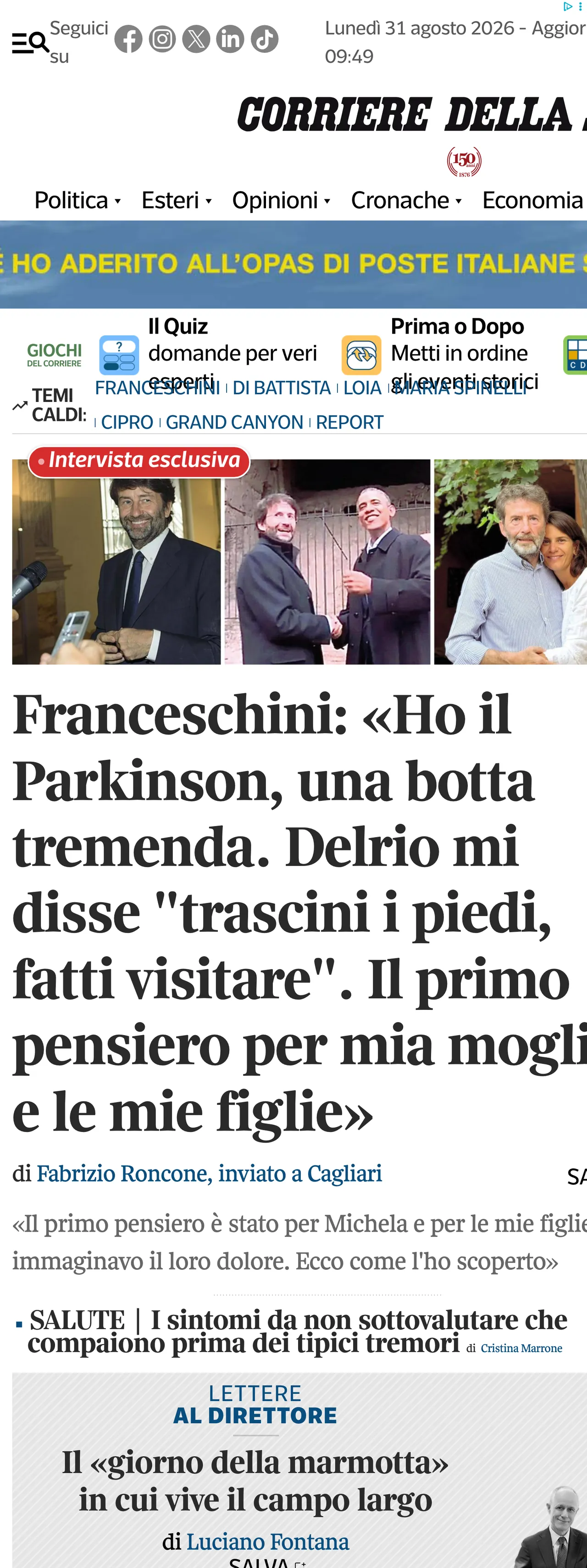 Screenshot of the Corriere della Sera front page