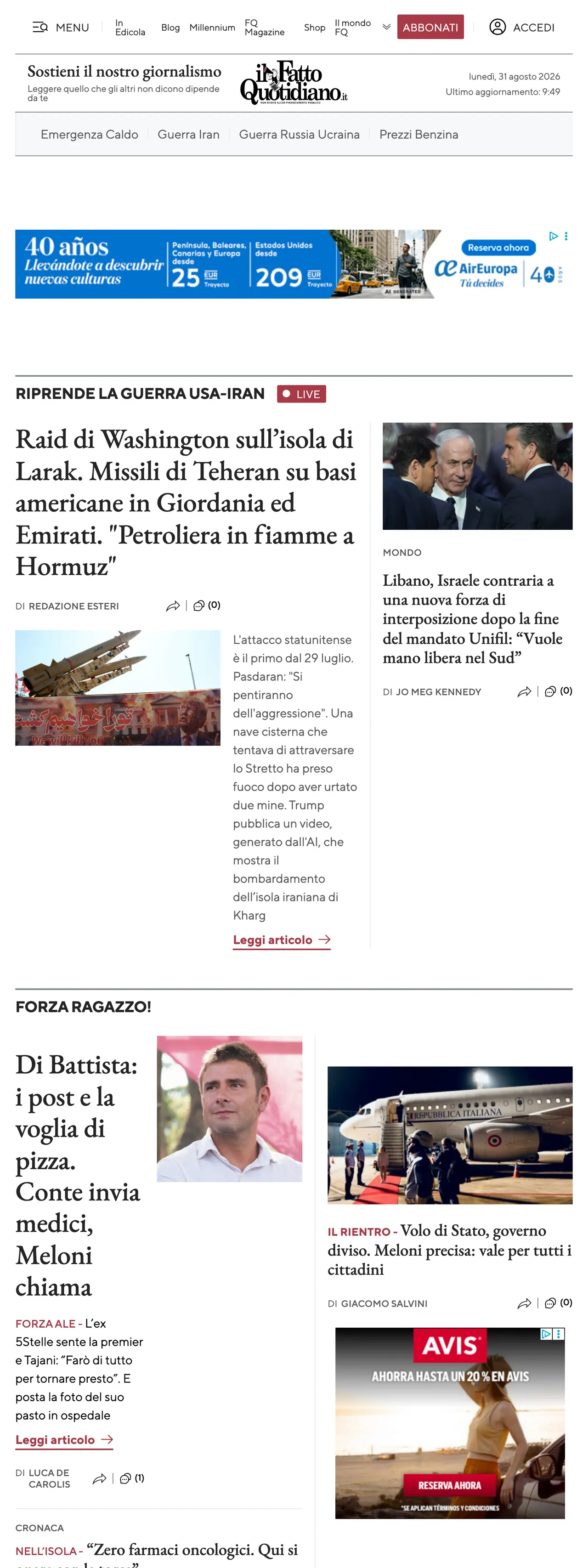 Screenshot of the Il Fatto Quotidiano front page