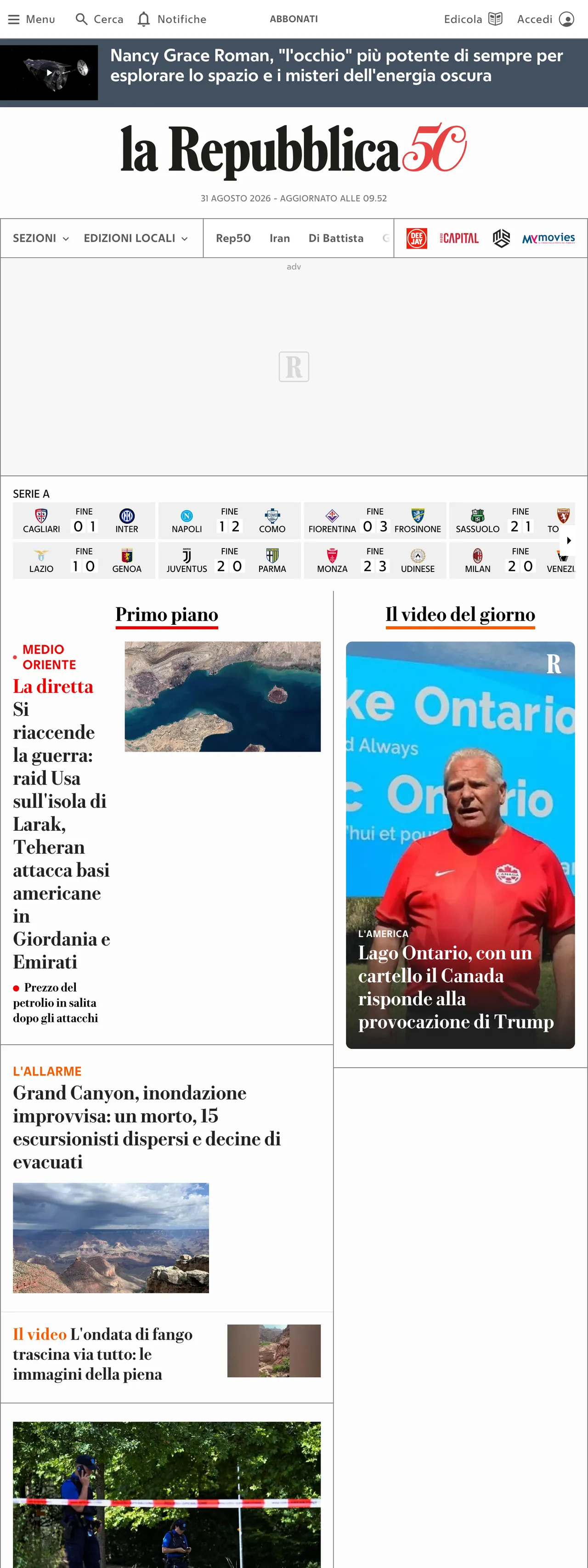 Screenshot of the la Repubblica front page