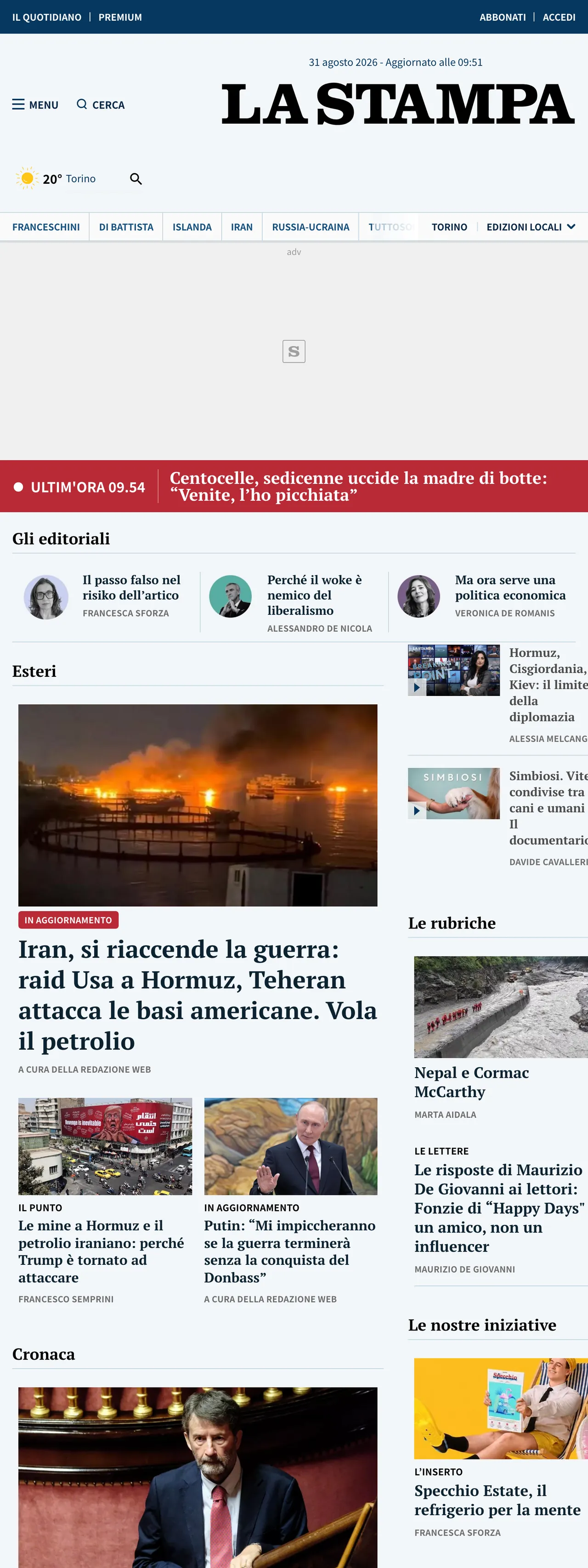 Screenshot of the La Stampa front page