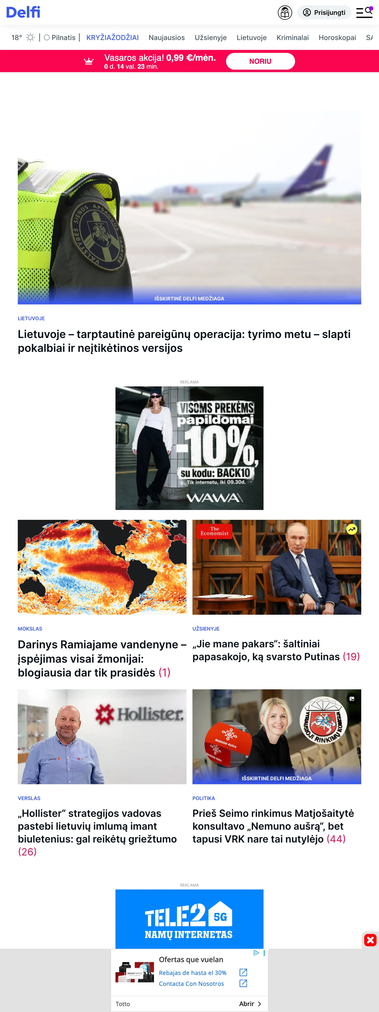 Screenshot of the Delfi front page