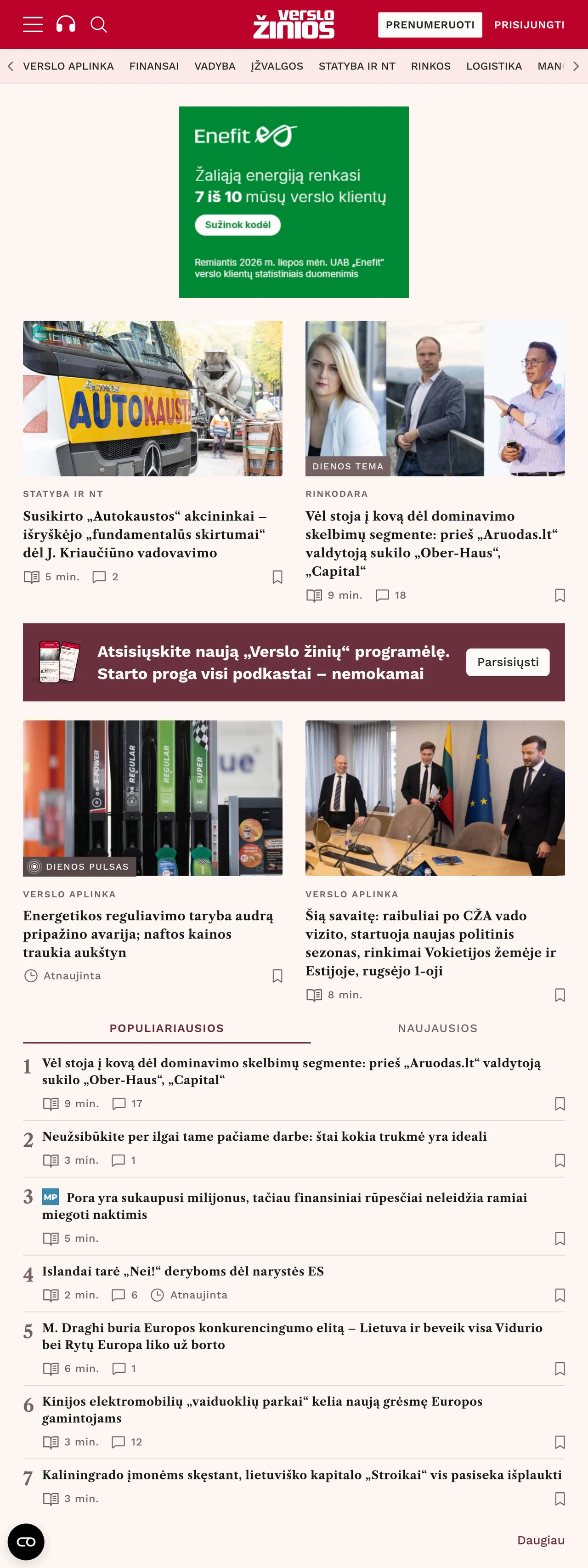 Screenshot of the Verslo žinios front page