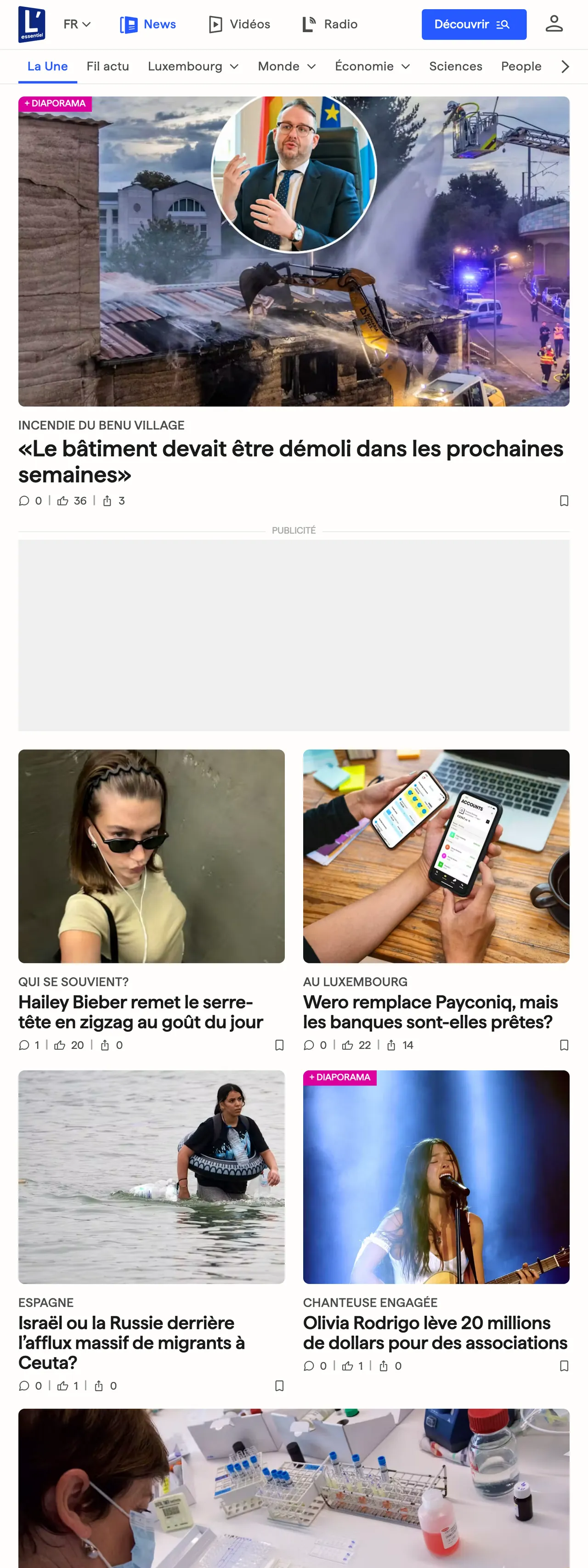 Screenshot of the L'essentiel front page