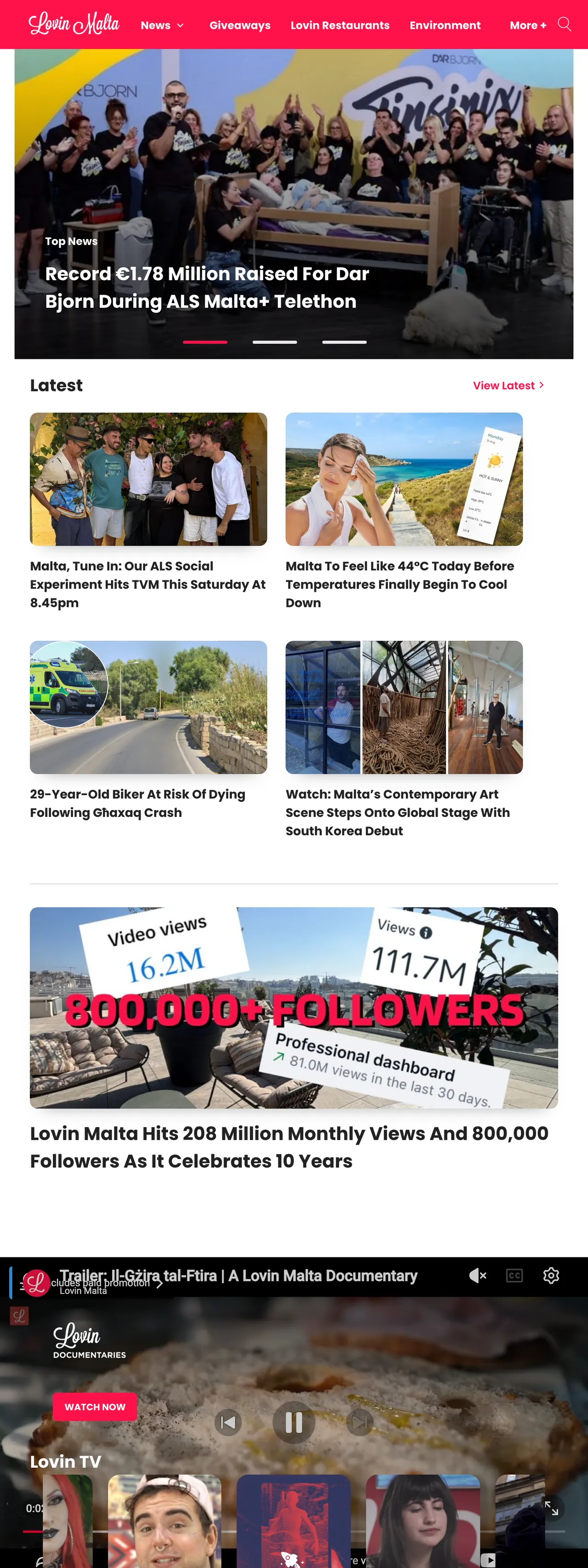 Screenshot of the Lovin Malta front page