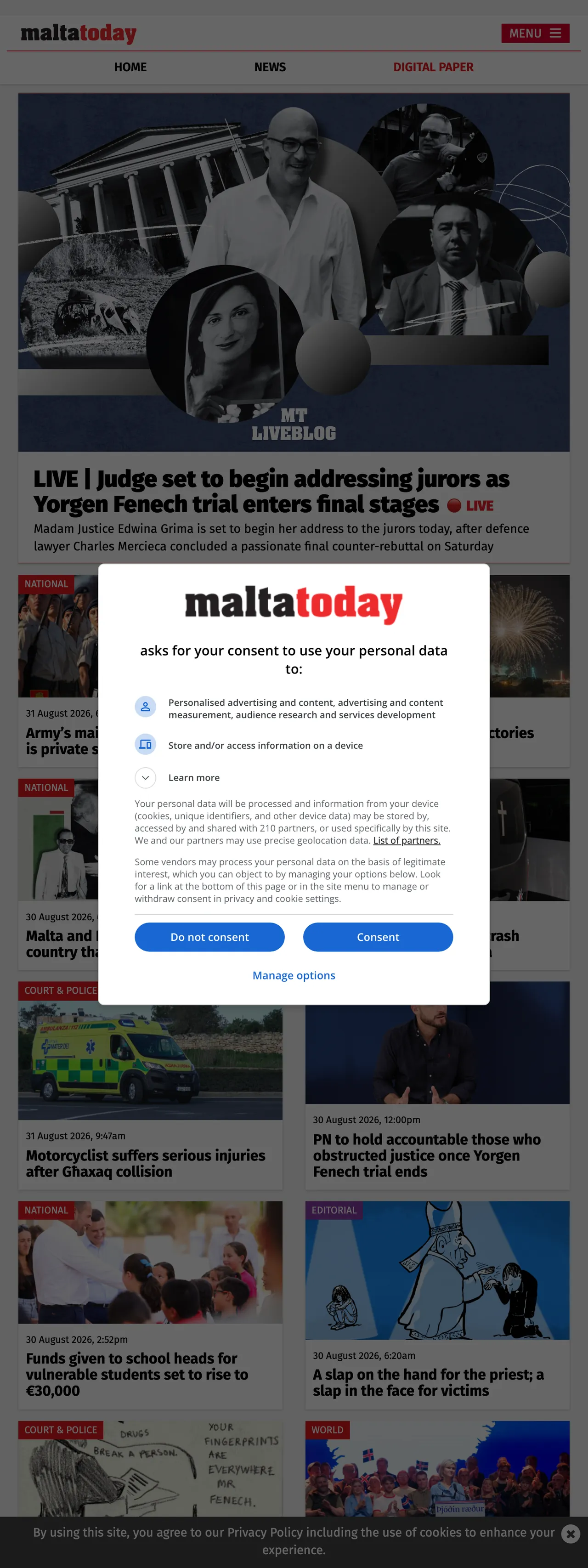 Screenshot of the Malta Today front page