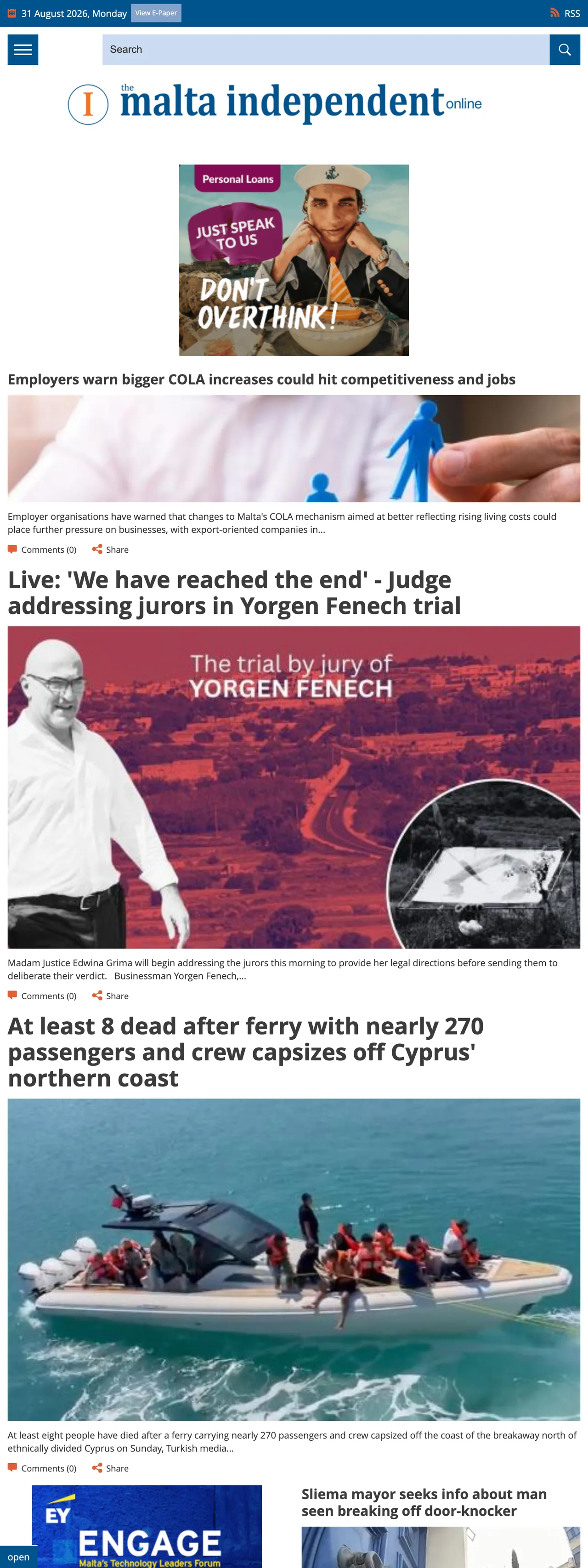 Screenshot of the The Malta Independent front page