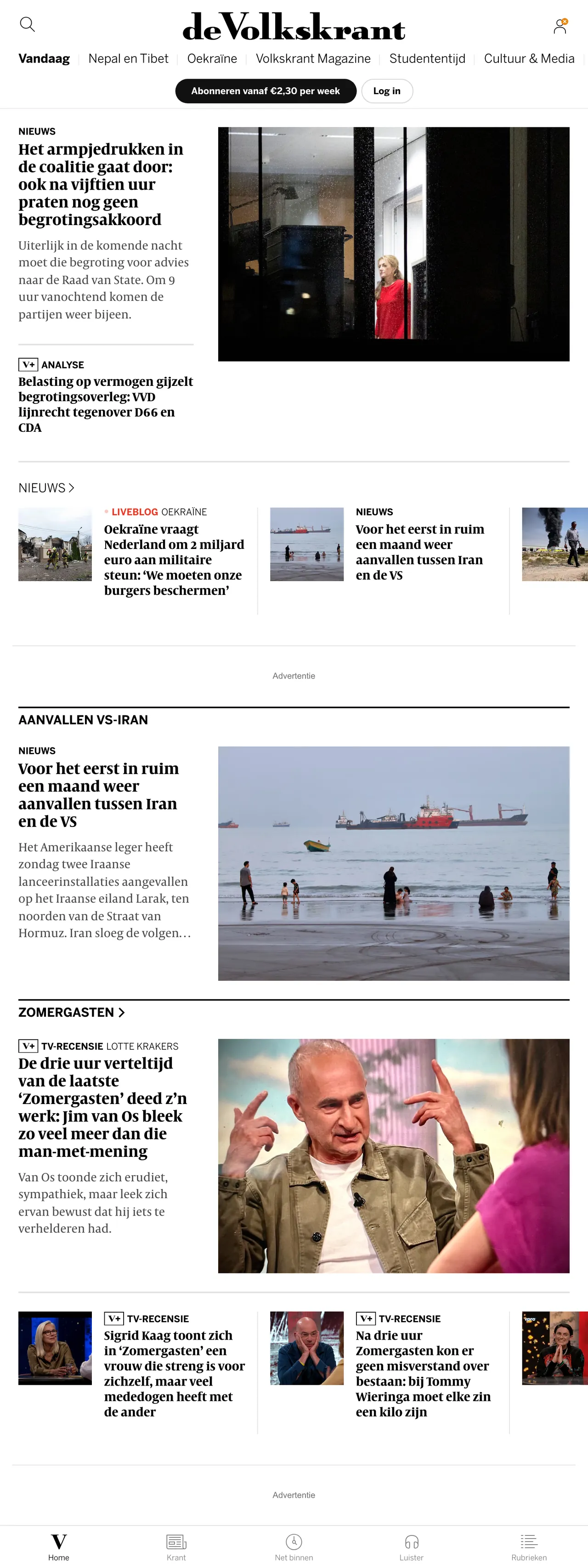 Screenshot of the de Volkskrant front page