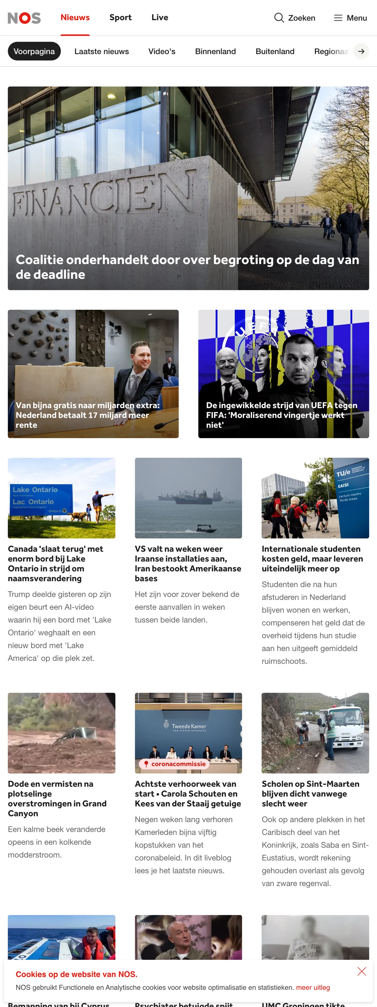 Screenshot of the NOS front page