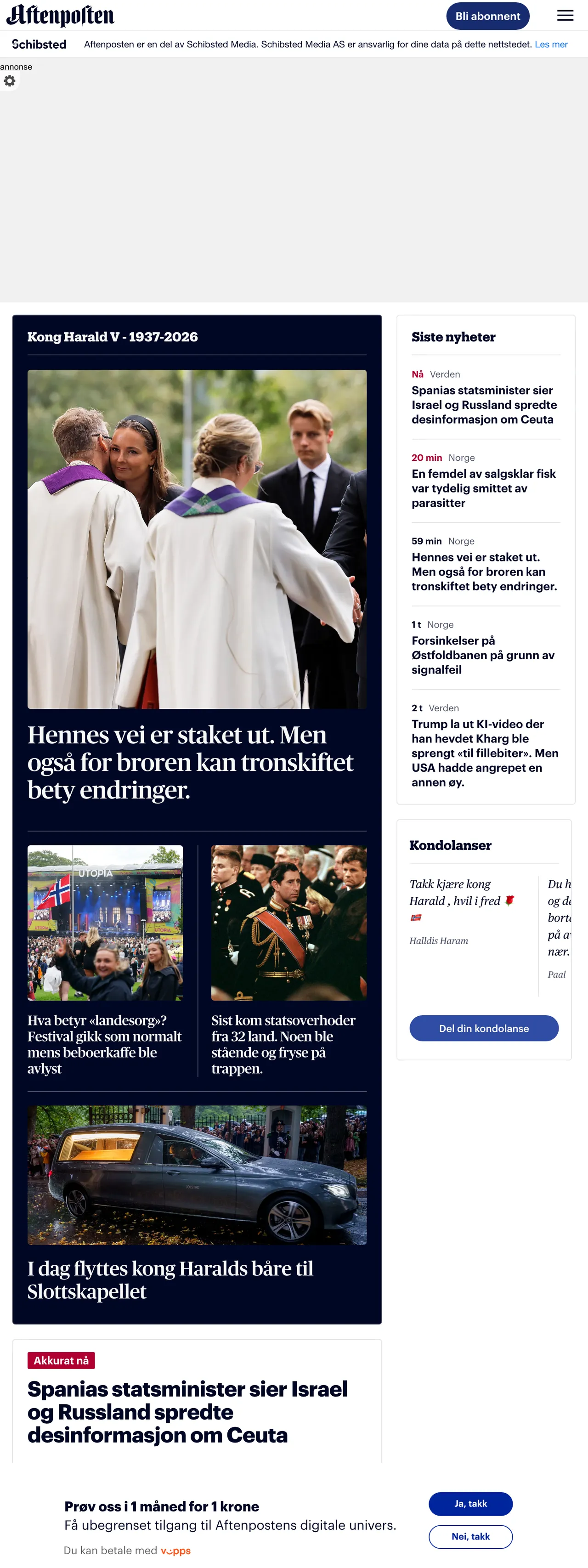 Screenshot of the Aftenposten front page