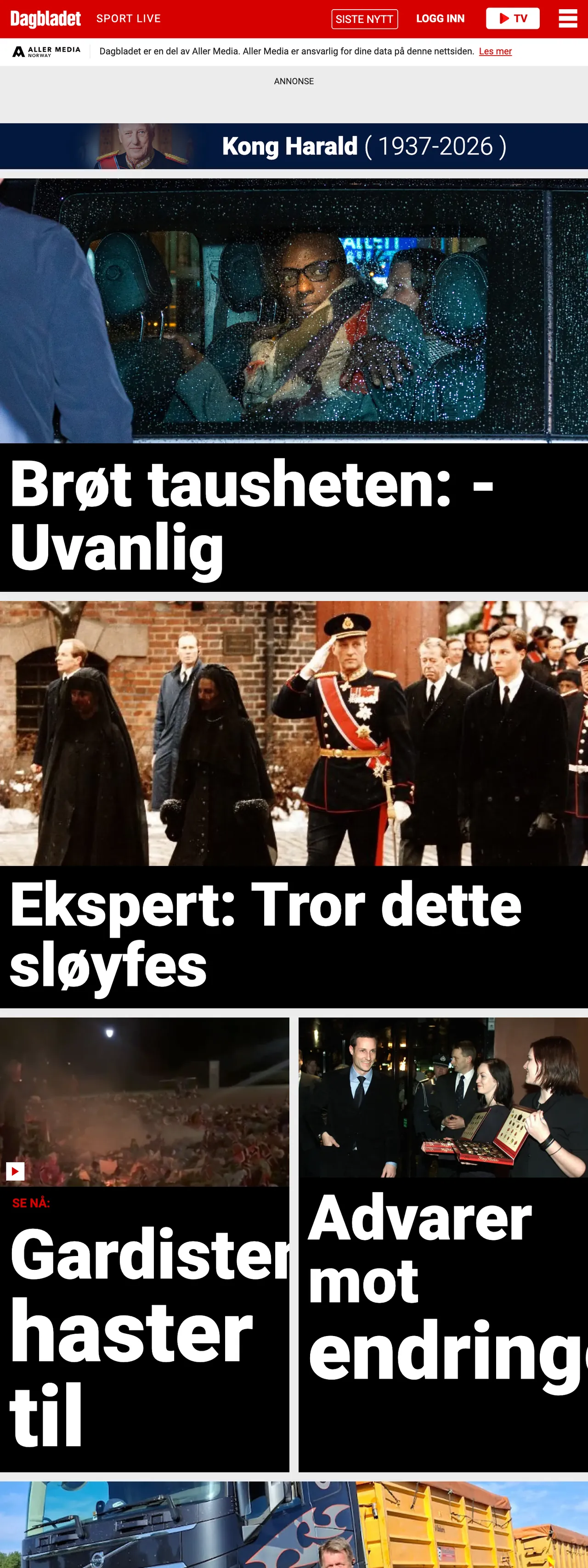 Screenshot of the Dagbladet front page