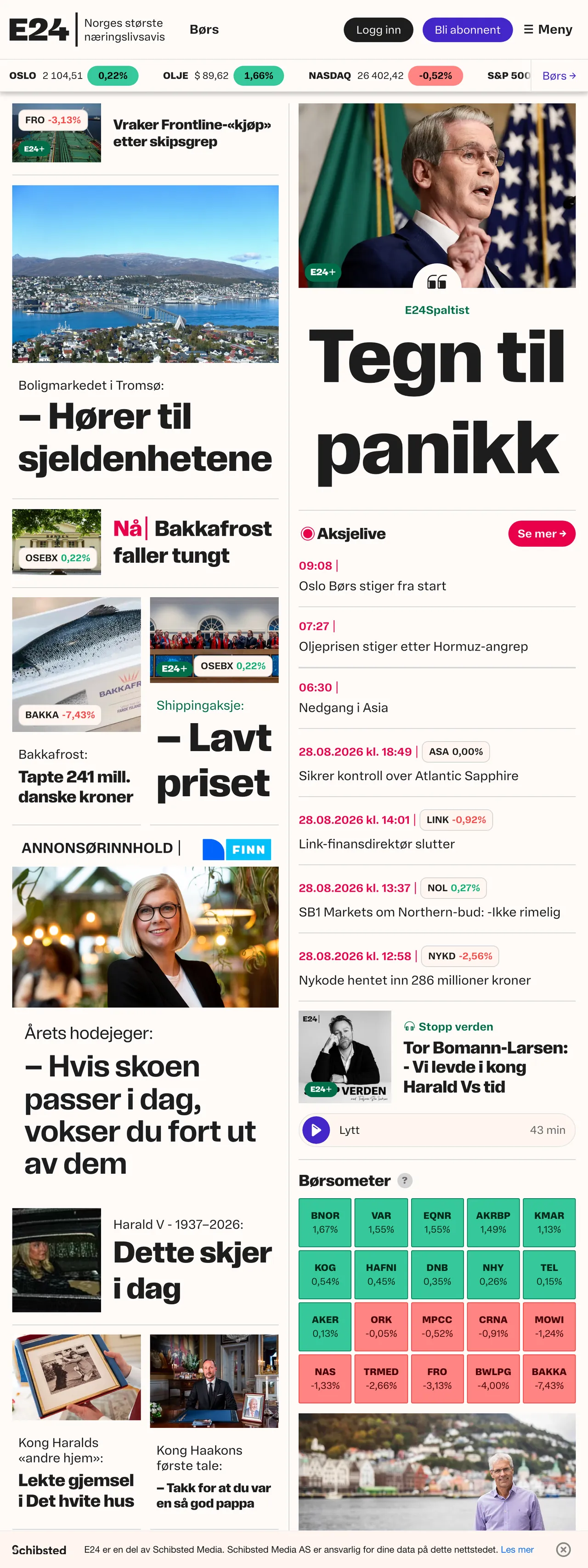 Screenshot of the E24 front page