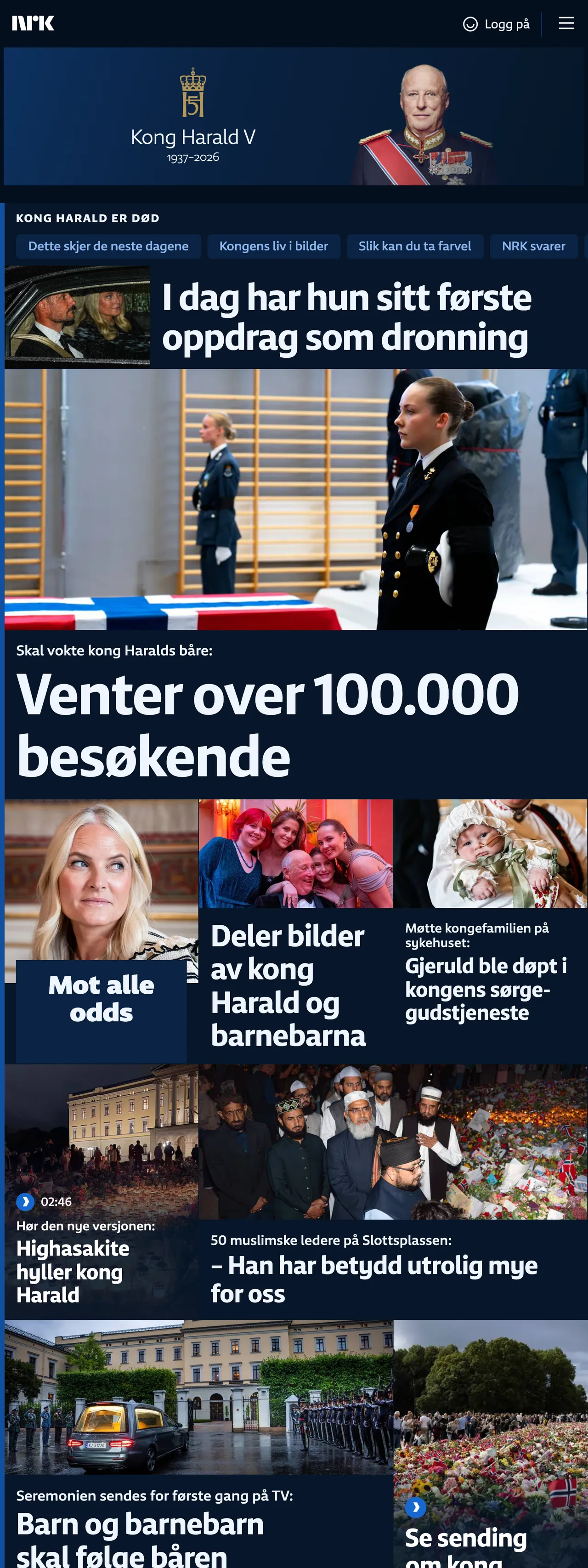 Screenshot of the NRK front page
