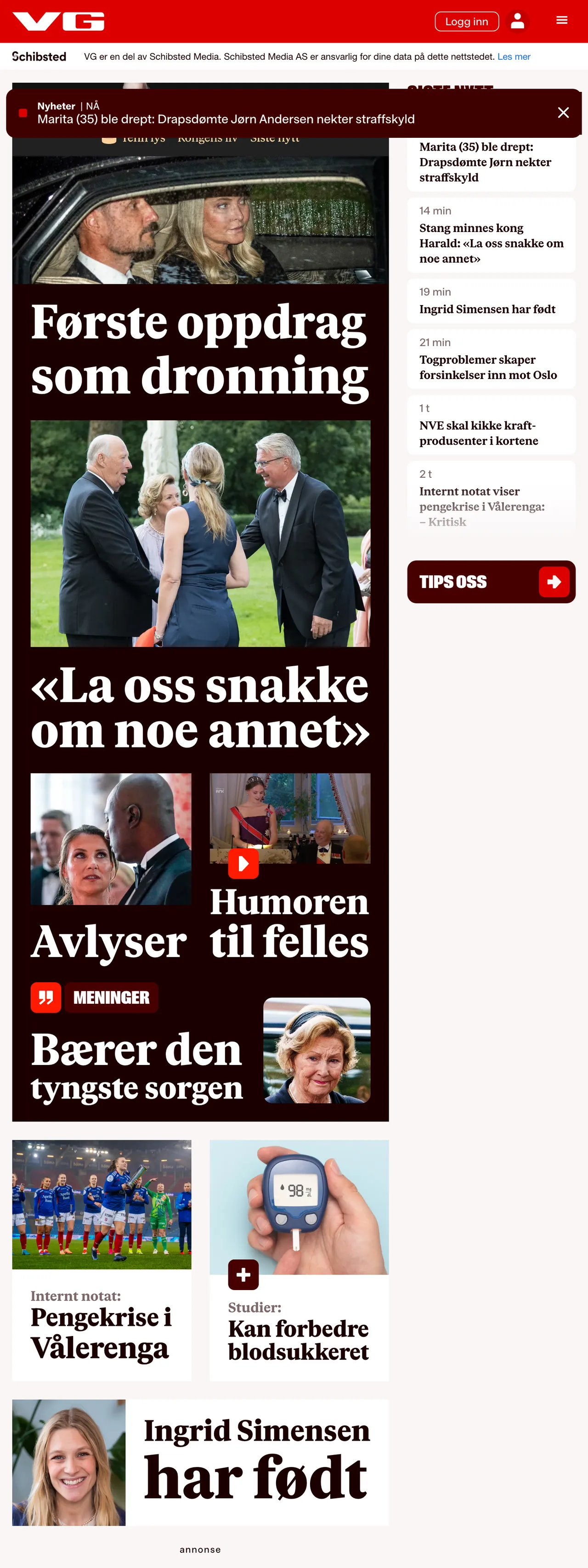 Screenshot of the VG front page