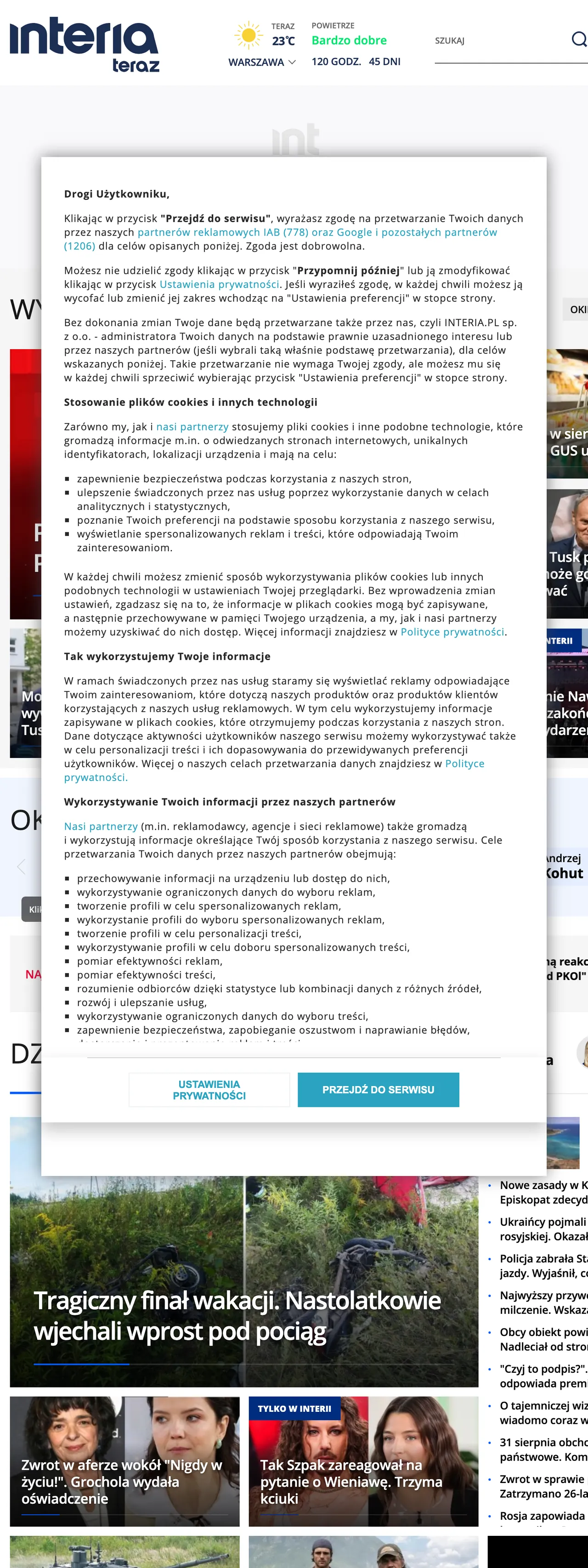 Screenshot of the Interia front page