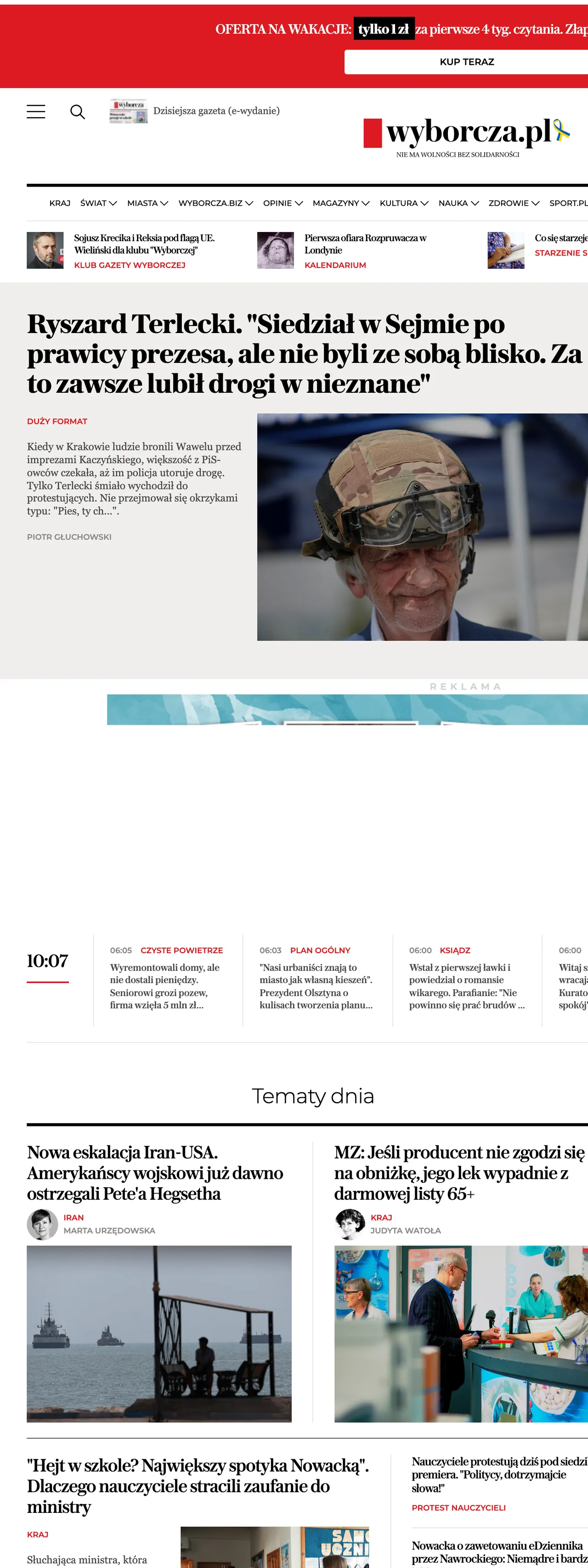 Screenshot of the Wyborcza front page