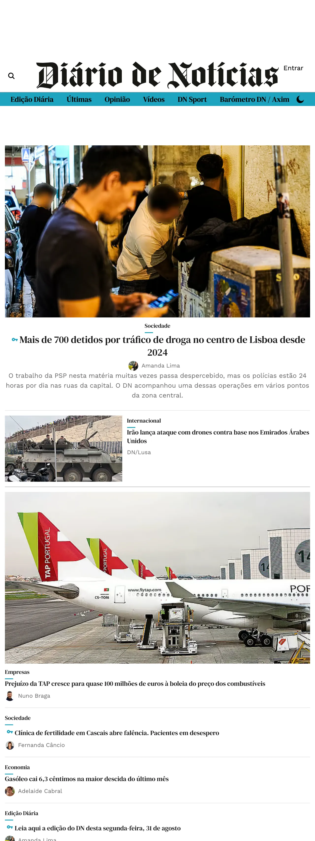 Screenshot of the Diário de Notícias front page