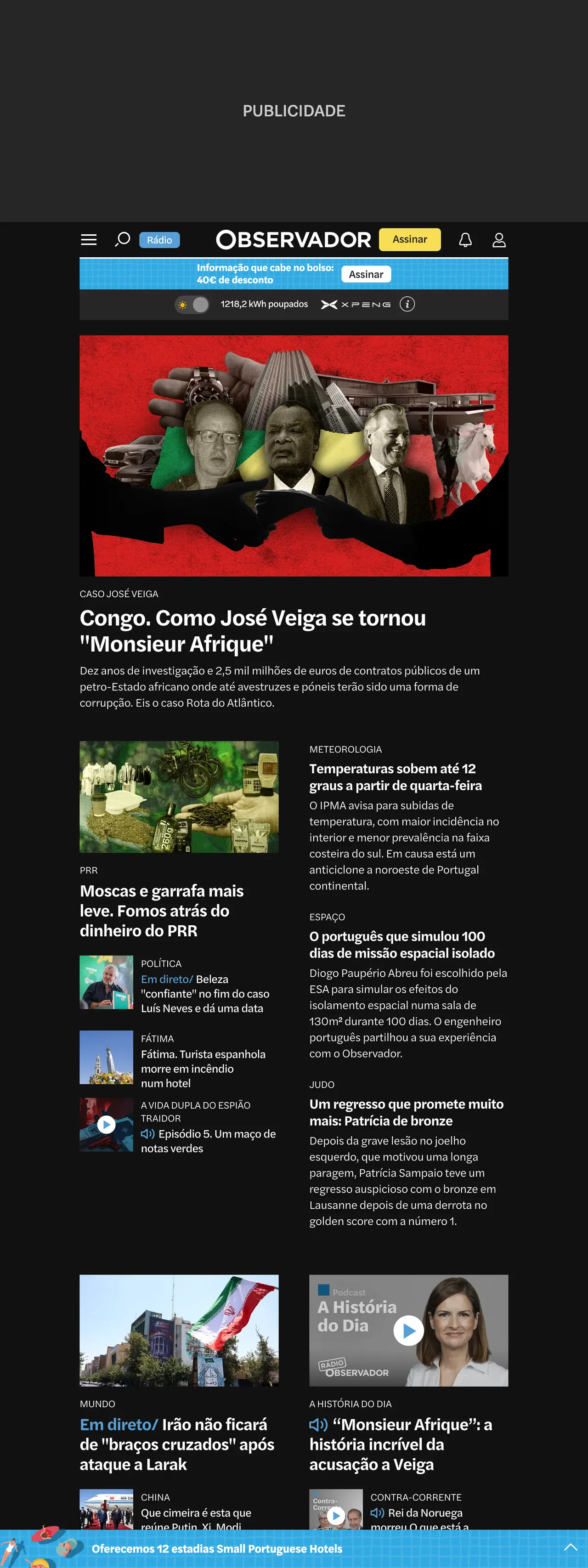 Screenshot of the Observador front page