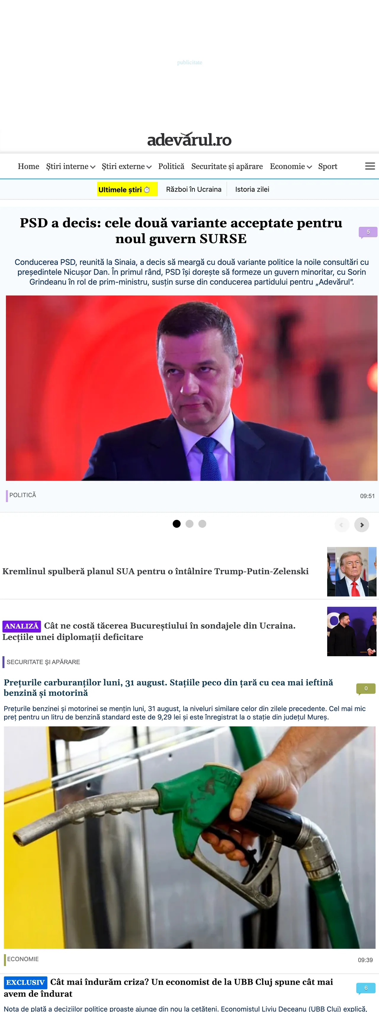 Screenshot of the Adevărul front page