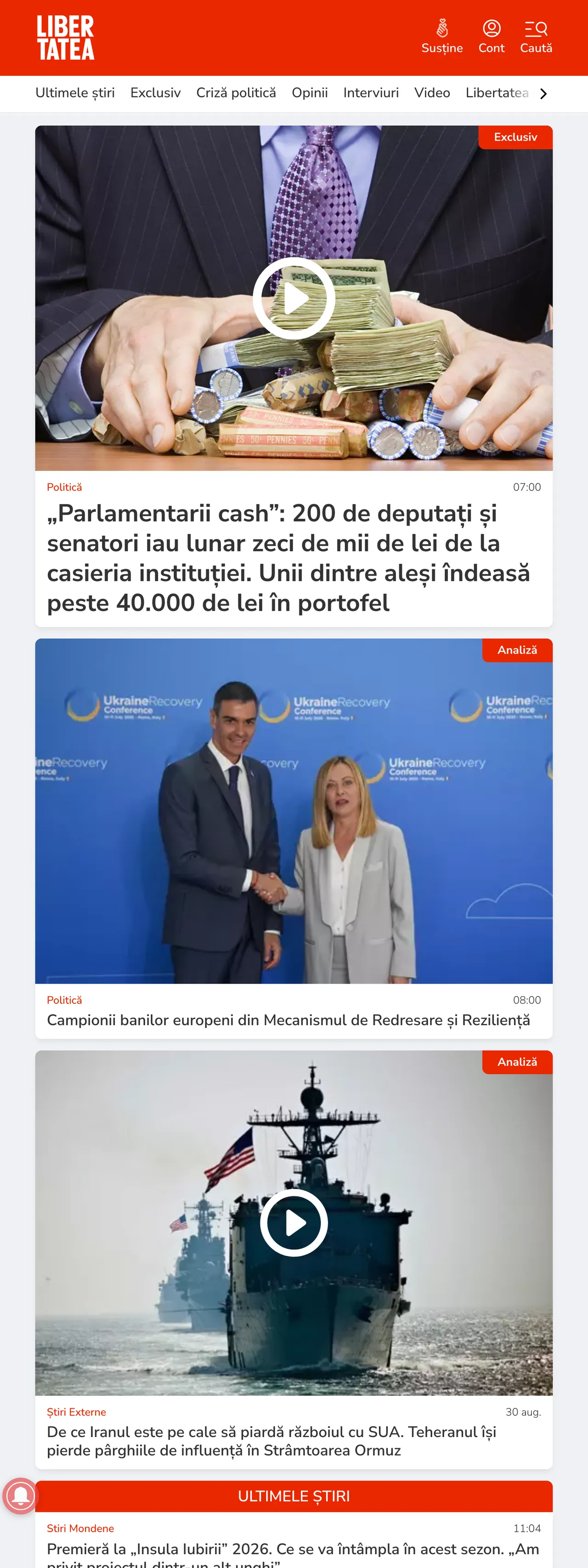 Screenshot of the Libertatea front page