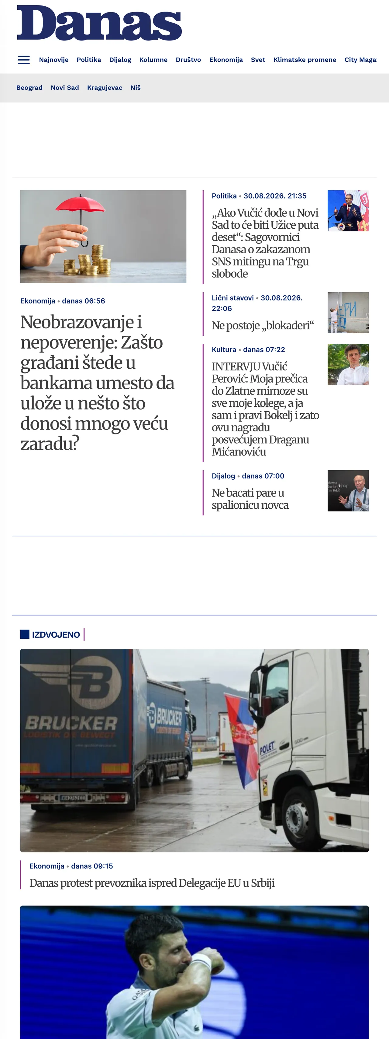 Screenshot of the Danas front page