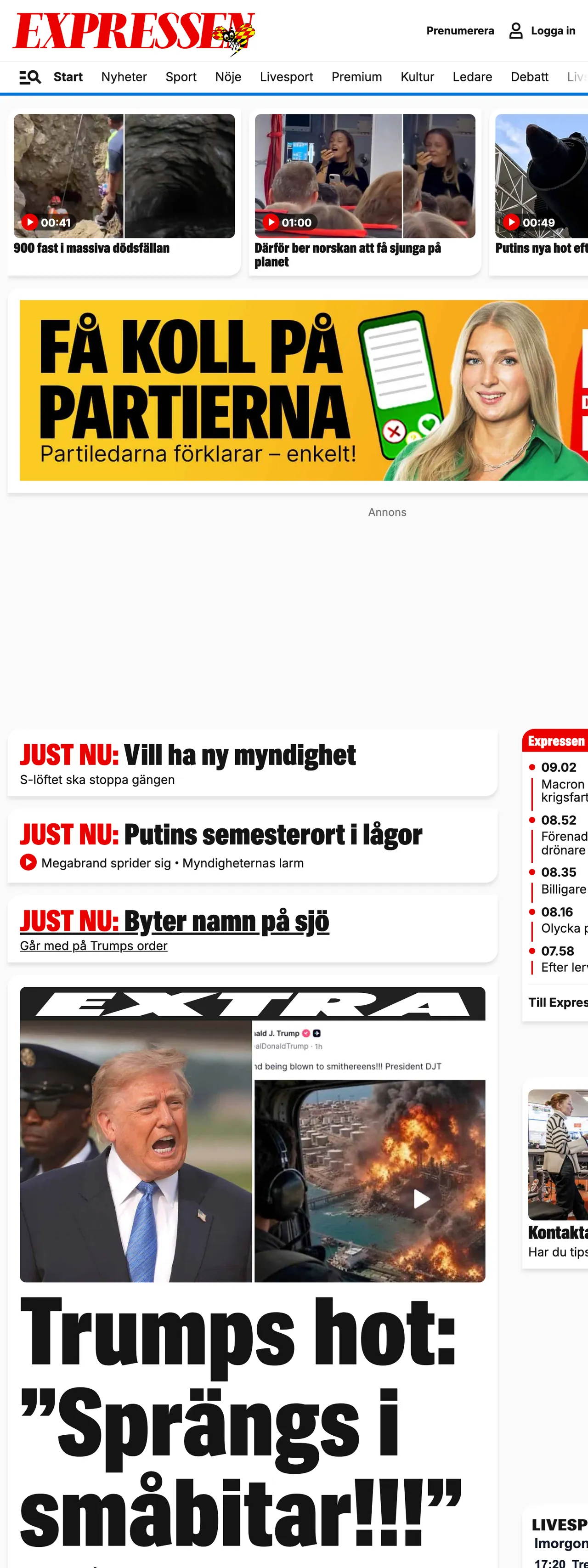 Screenshot of the Expressen front page