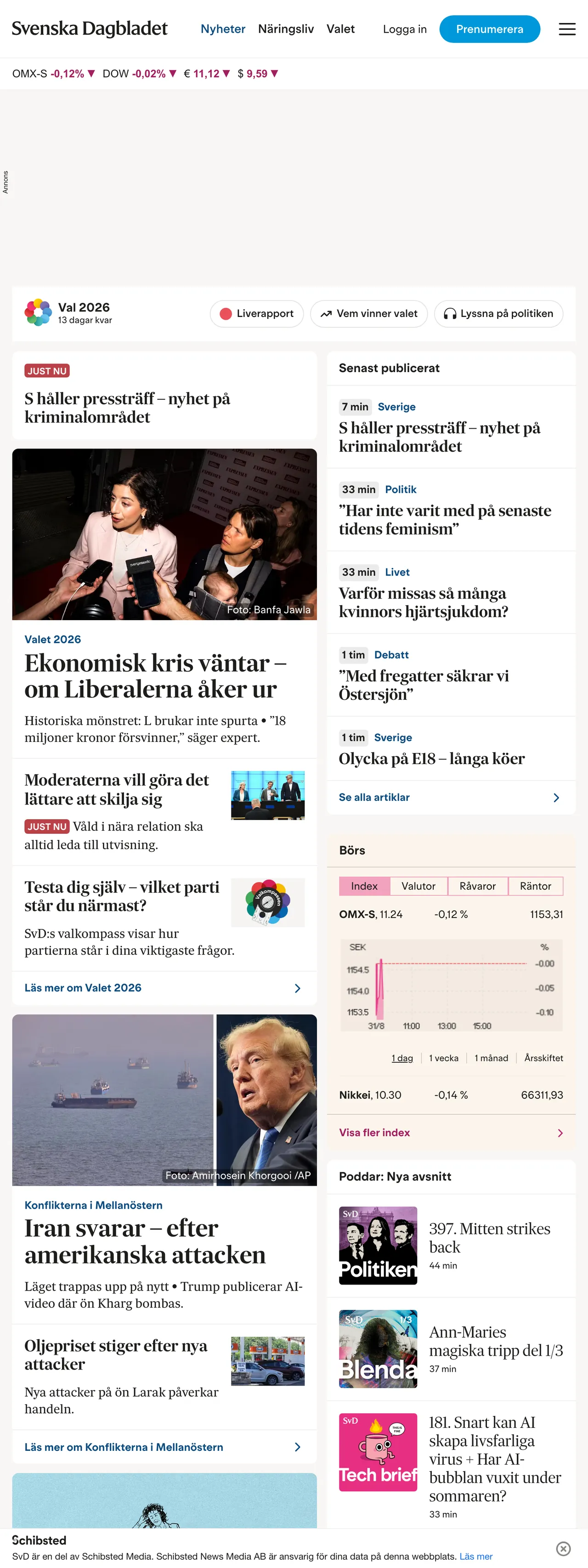 Screenshot of the Svenska Dagbladet front page
