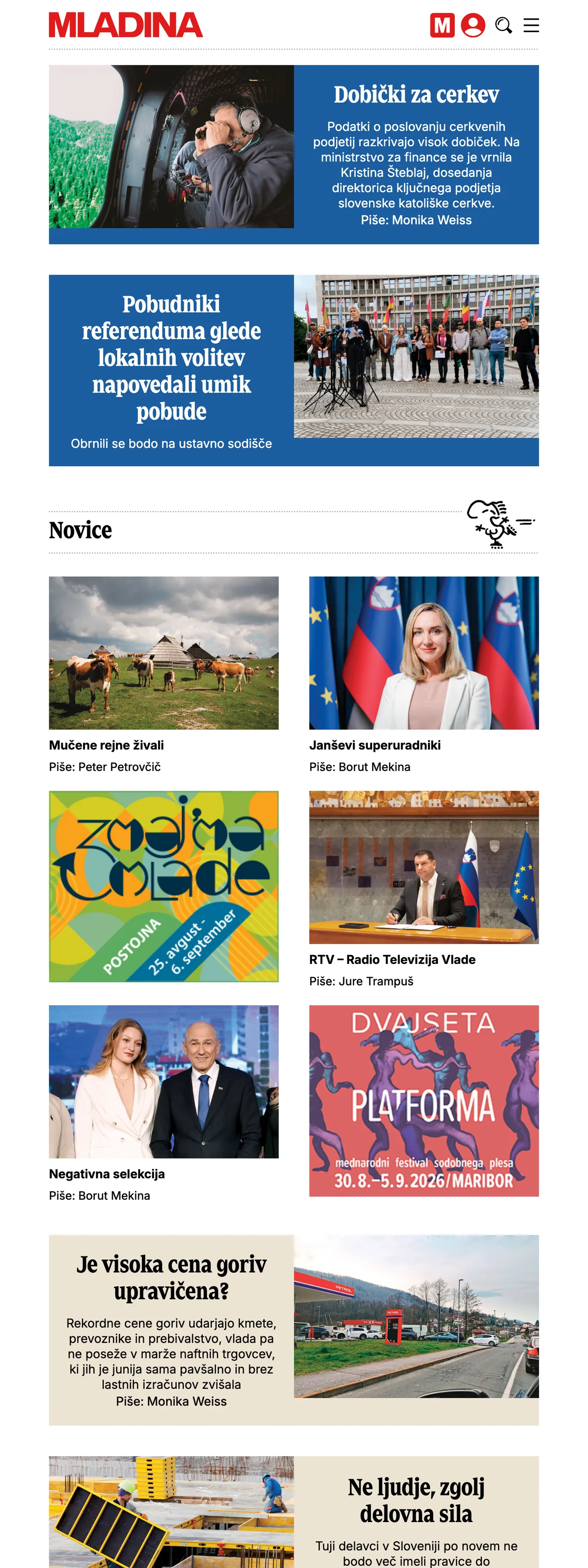 Screenshot of the Mladina front page