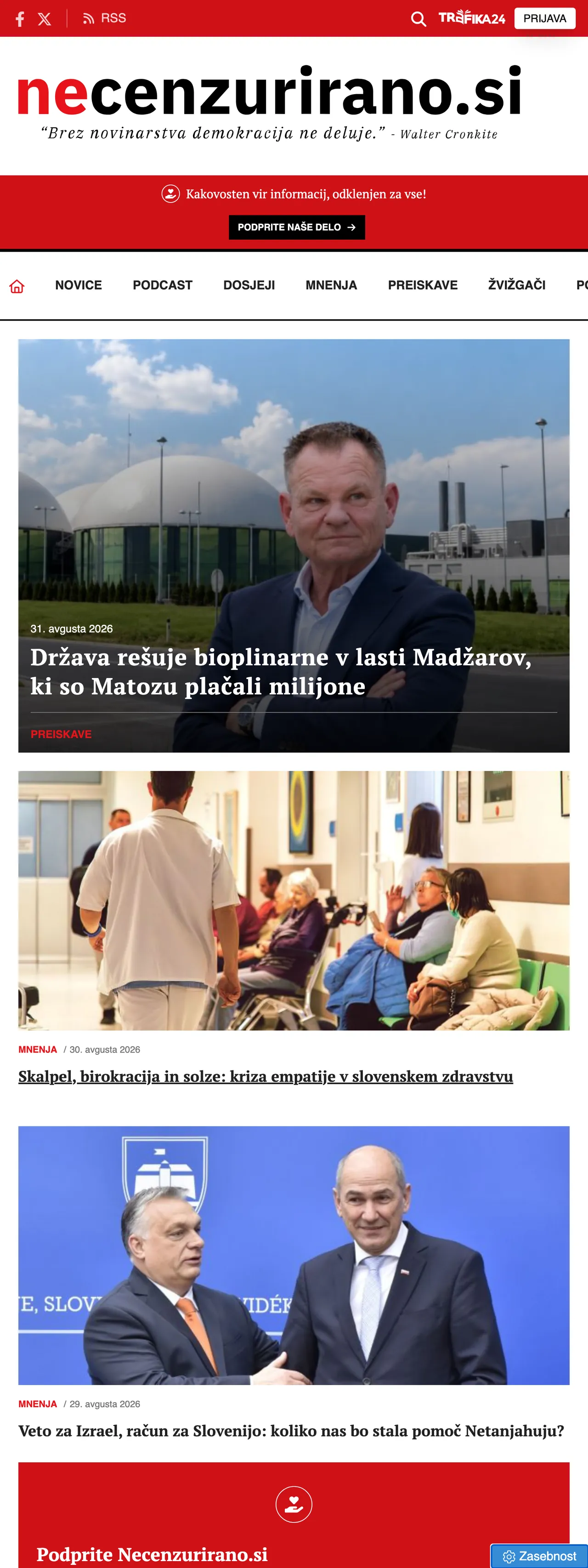 Screenshot of the Necenzurirano front page