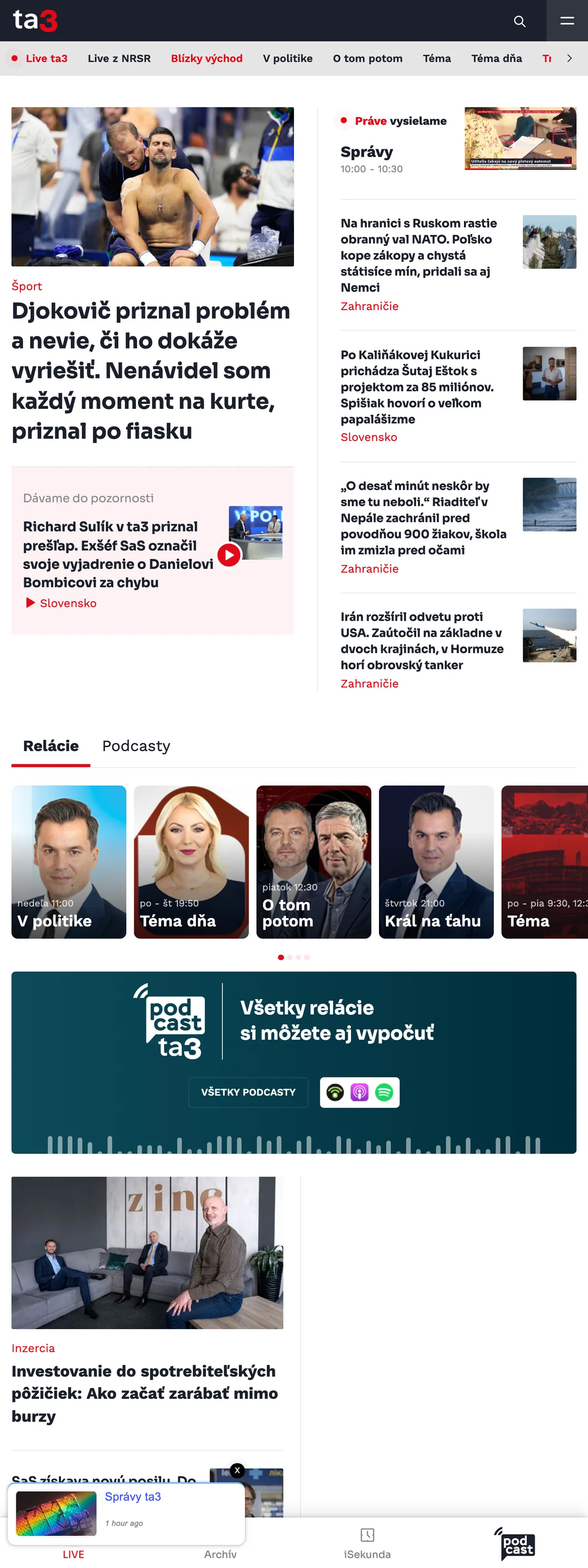 Screenshot of the TA3 front page