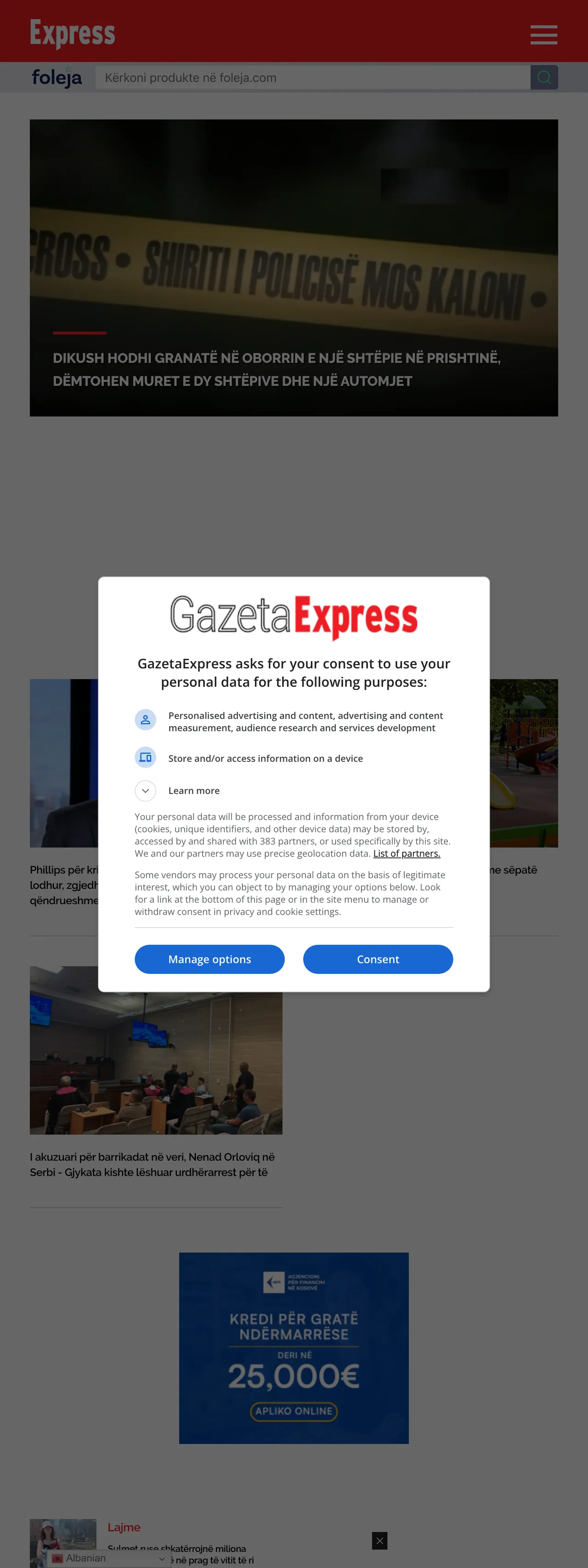 Screenshot of the Gazeta Express front page