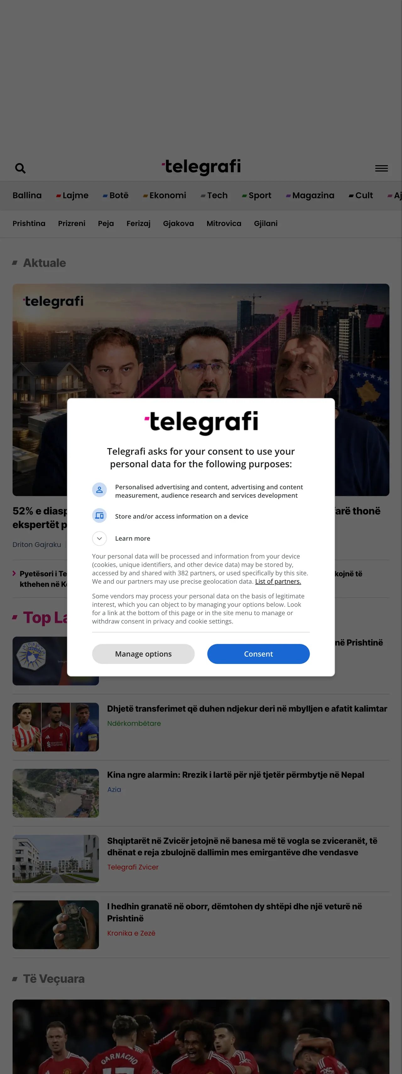 Screenshot of the Telegrafi front page