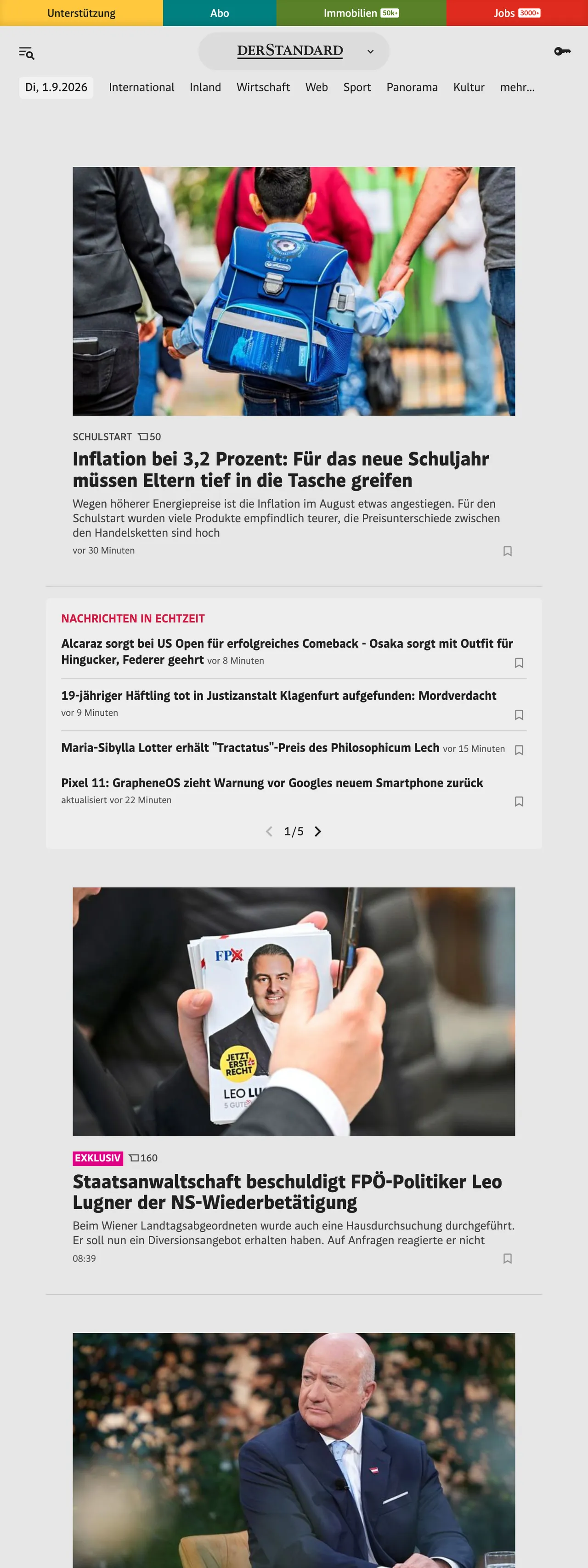 Screenshot of the DER STANDARD front page