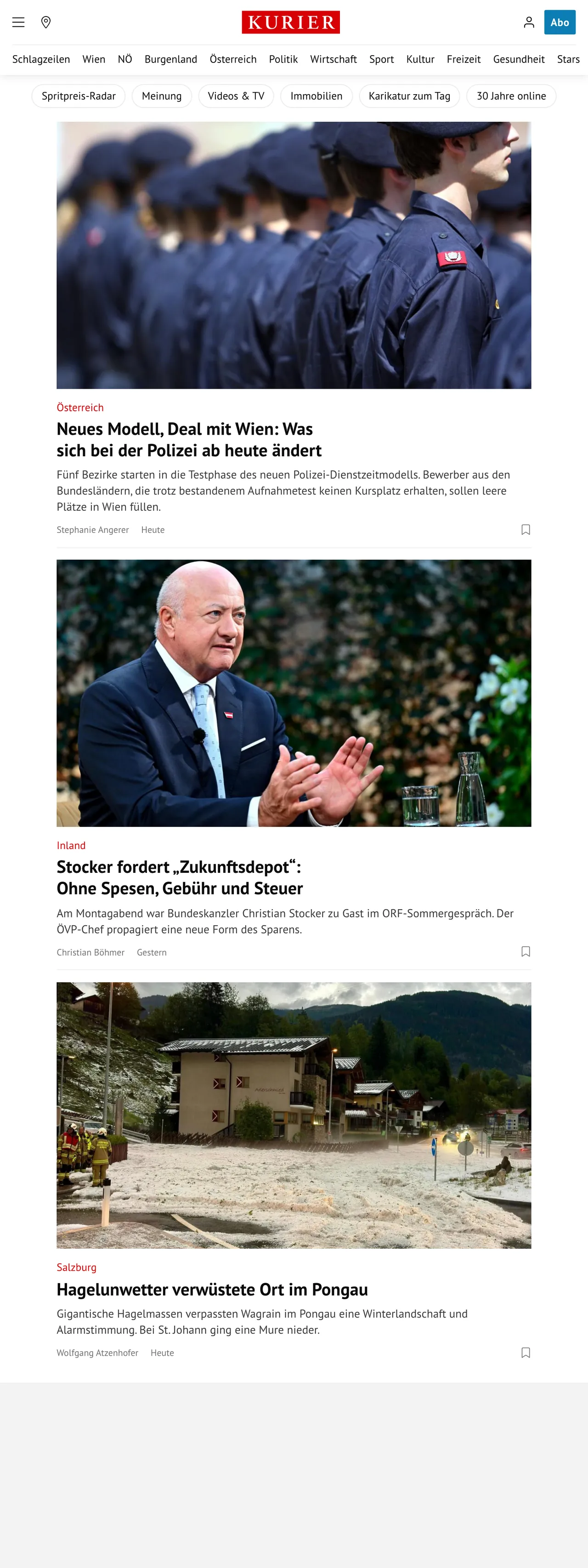 Screenshot of the Kurier front page