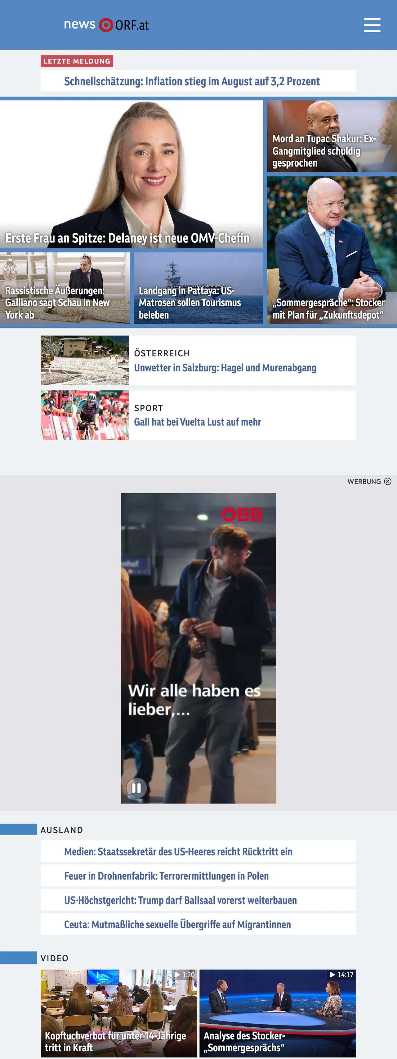 Screenshot of the ORF front page
