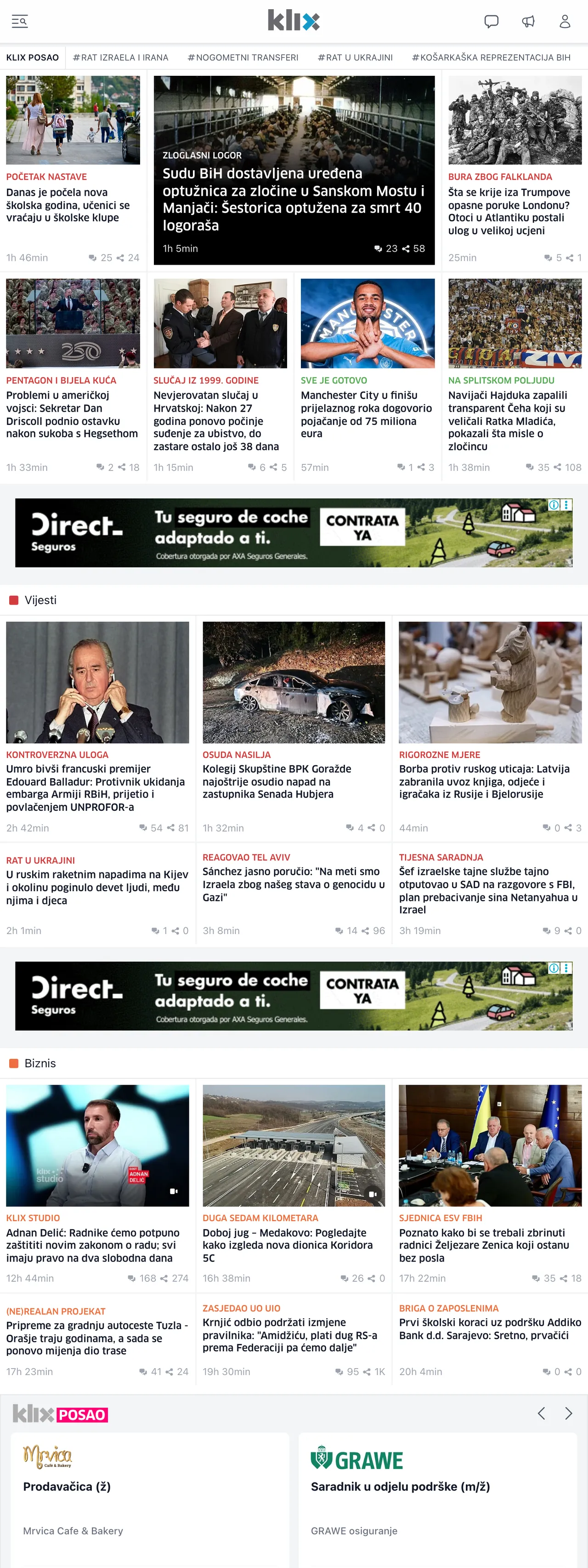 Screenshot of the Klix.ba front page