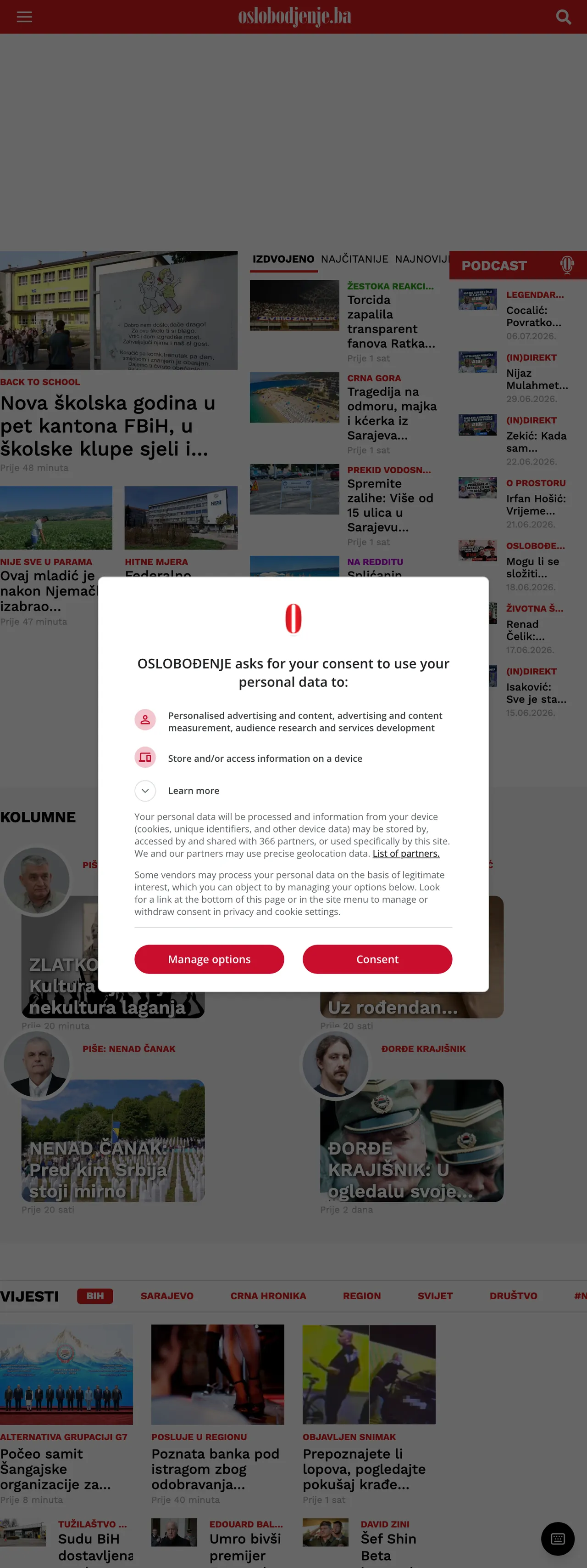 Screenshot of the Oslobođenje front page