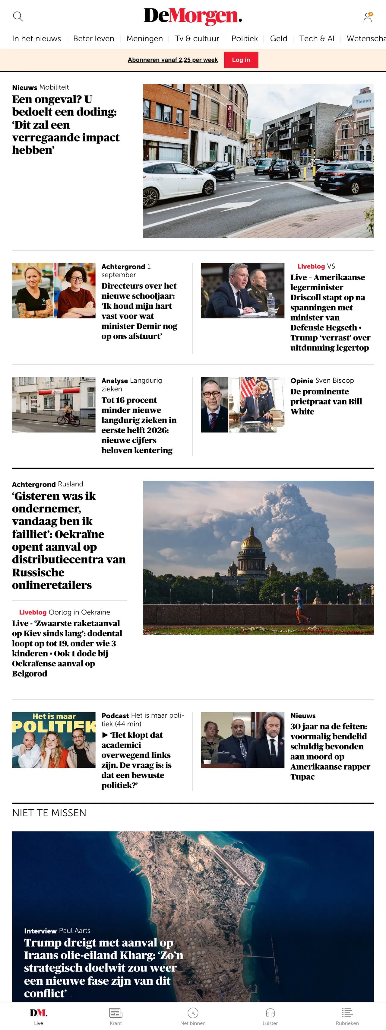 Screenshot of the De Morgen front page