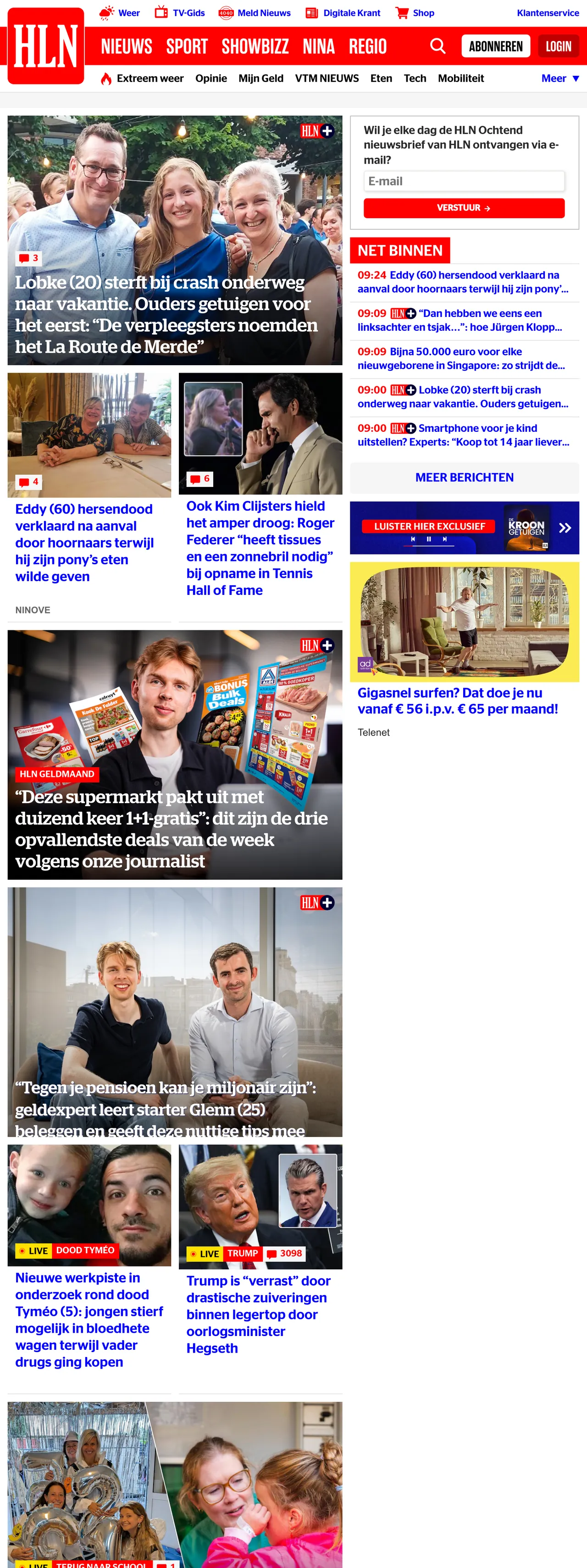 Screenshot of the HLN front page
