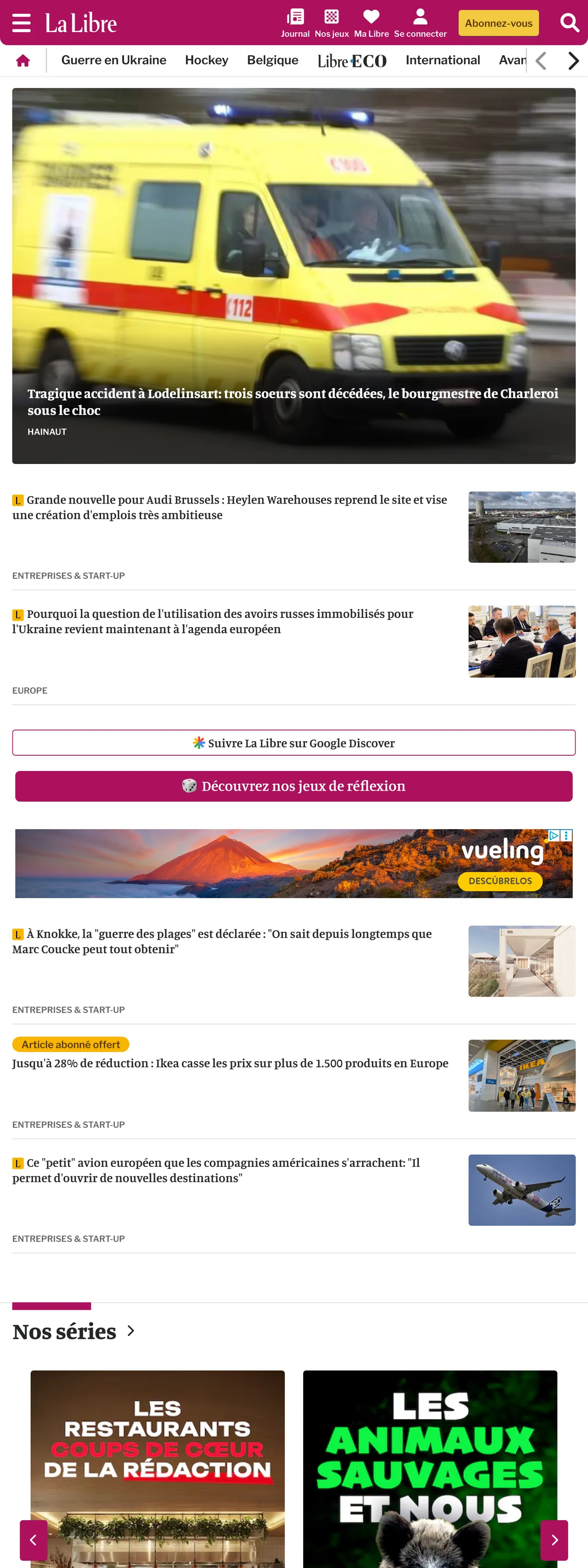 Screenshot of the La Libre front page