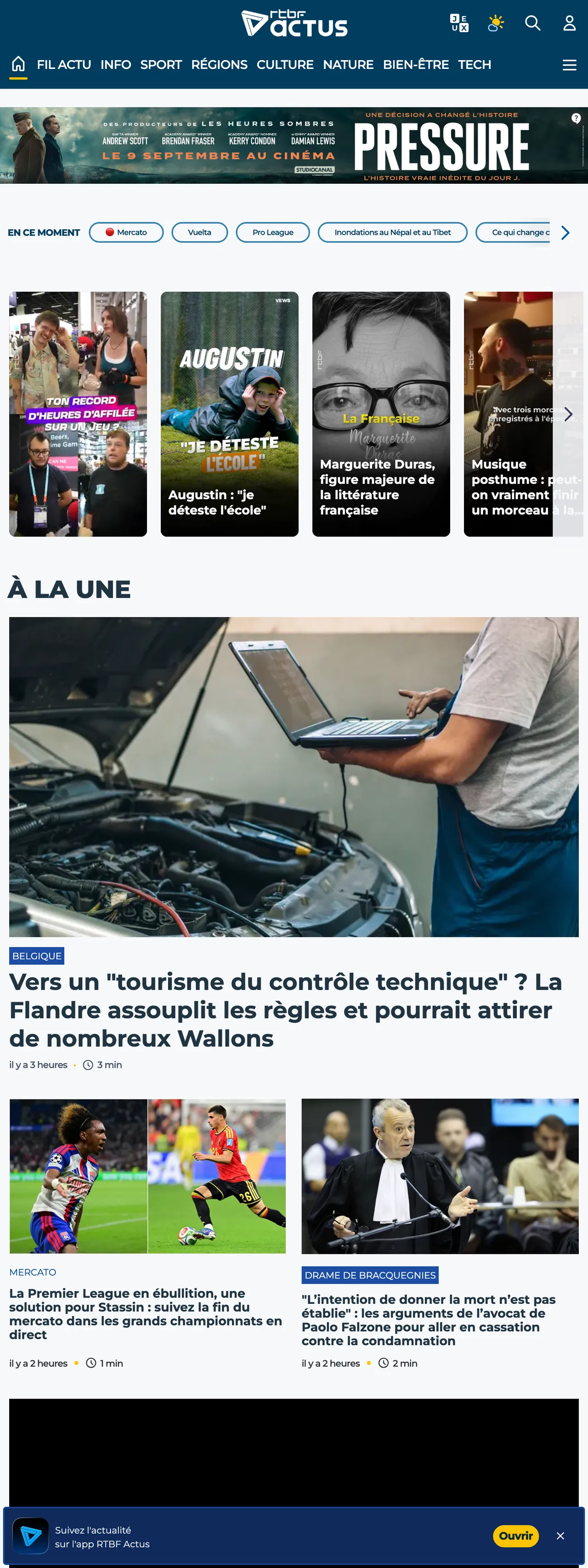 Screenshot of the RTBF front page