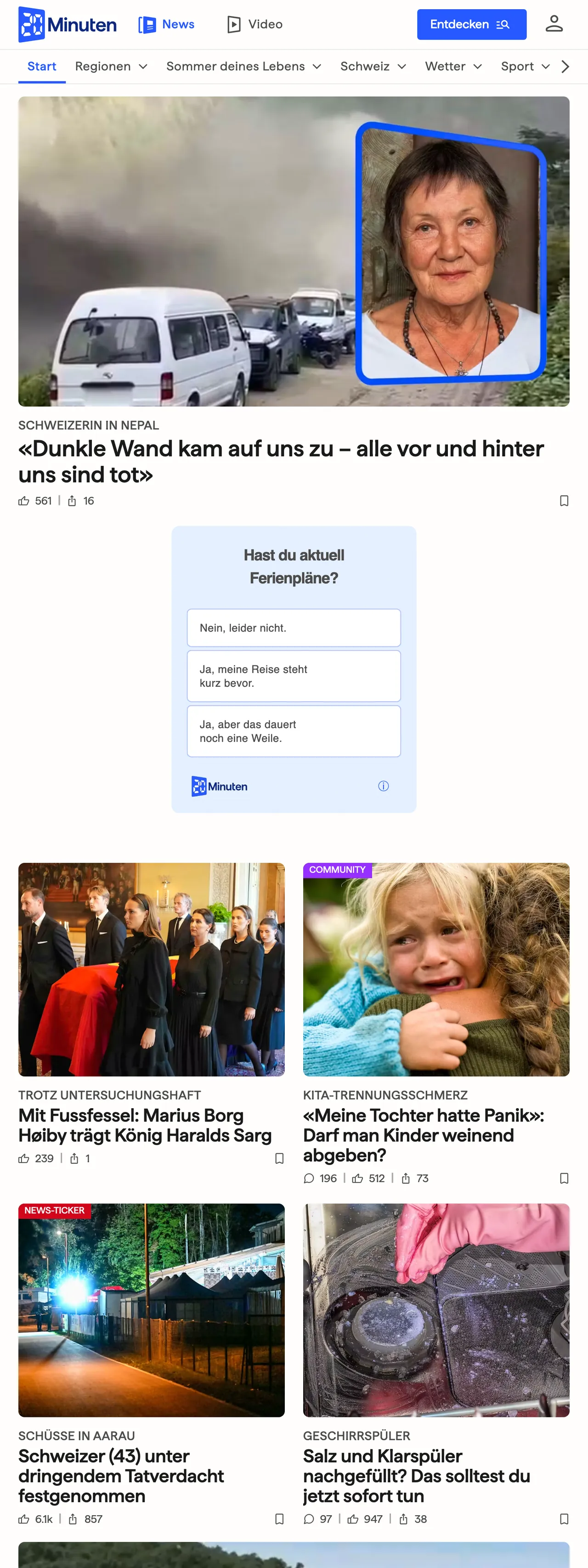 Screenshot of the 20 Minuten front page