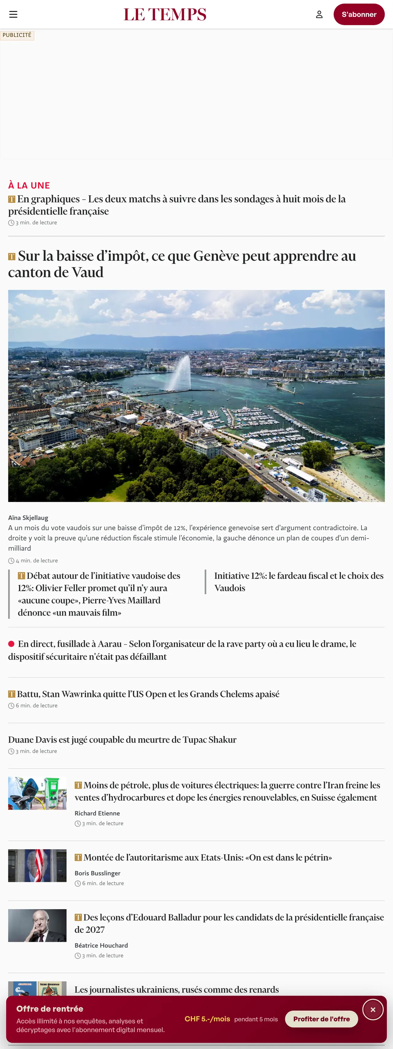 Screenshot of the Le Temps front page