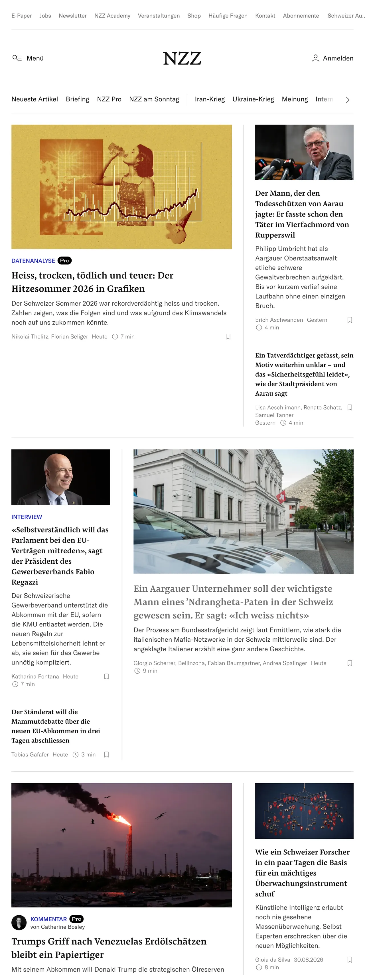 Screenshot of the Neue Zürcher Zeitung front page