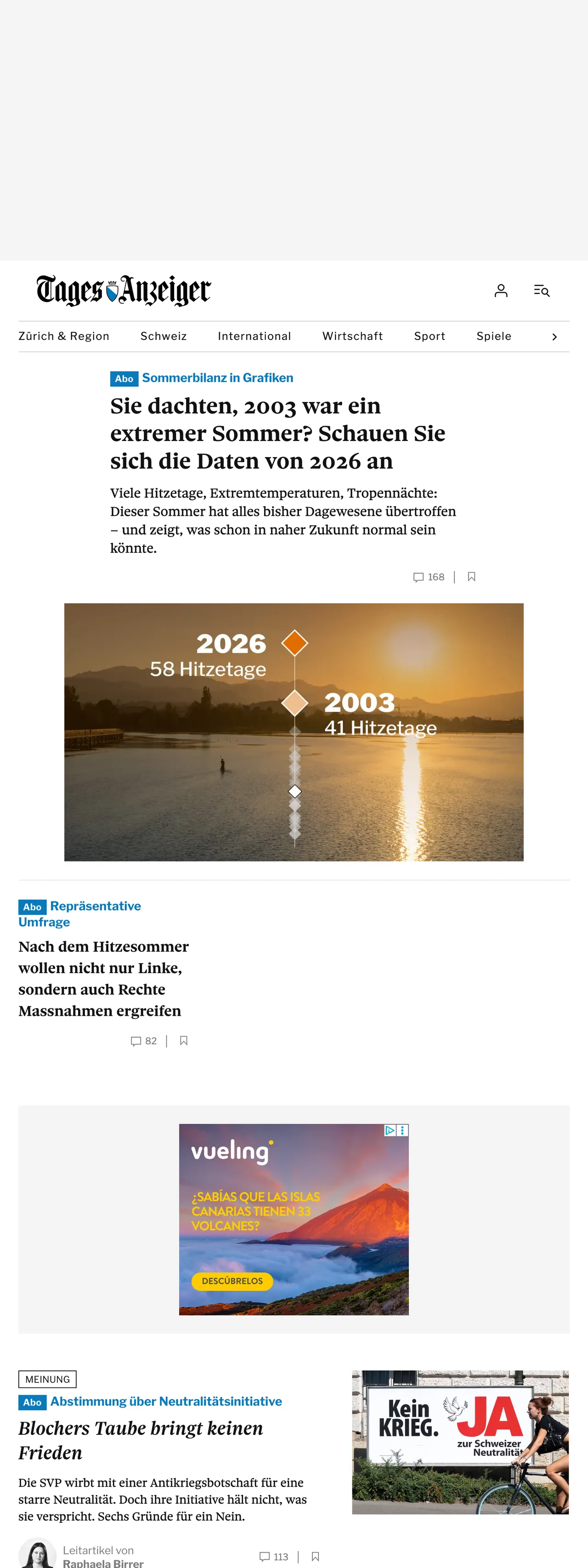 Screenshot of the Tages-Anzeiger front page