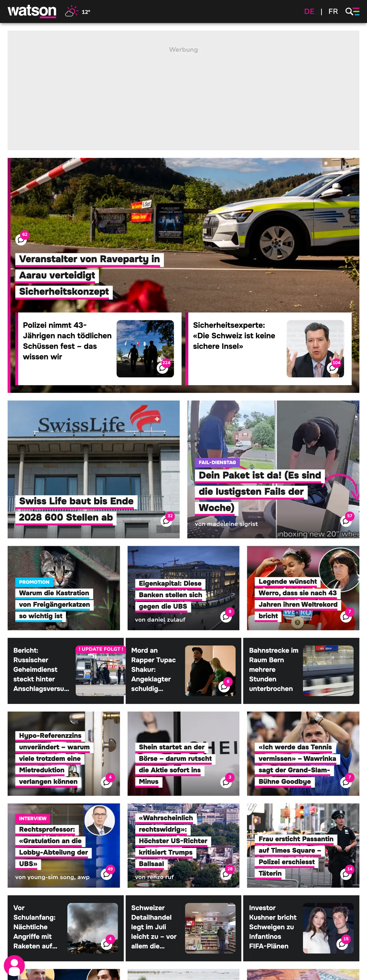 Screenshot of the watson front page