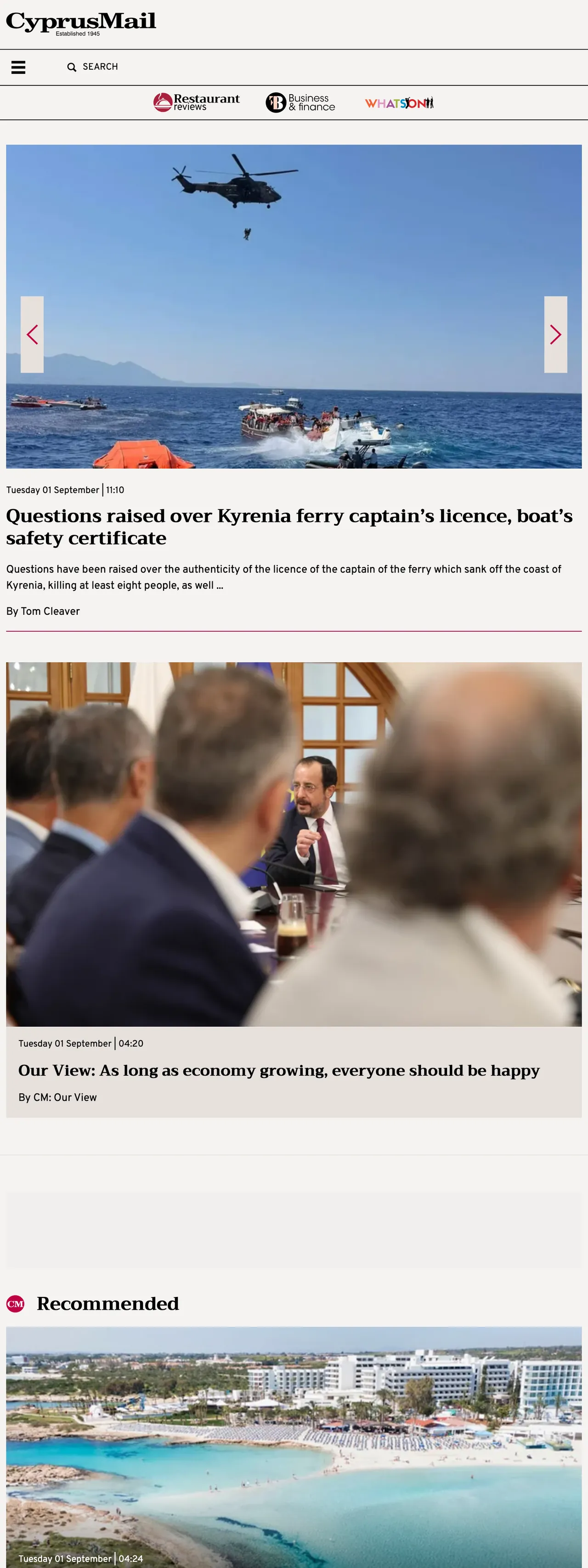 Screenshot of the Cyprus Mail front page