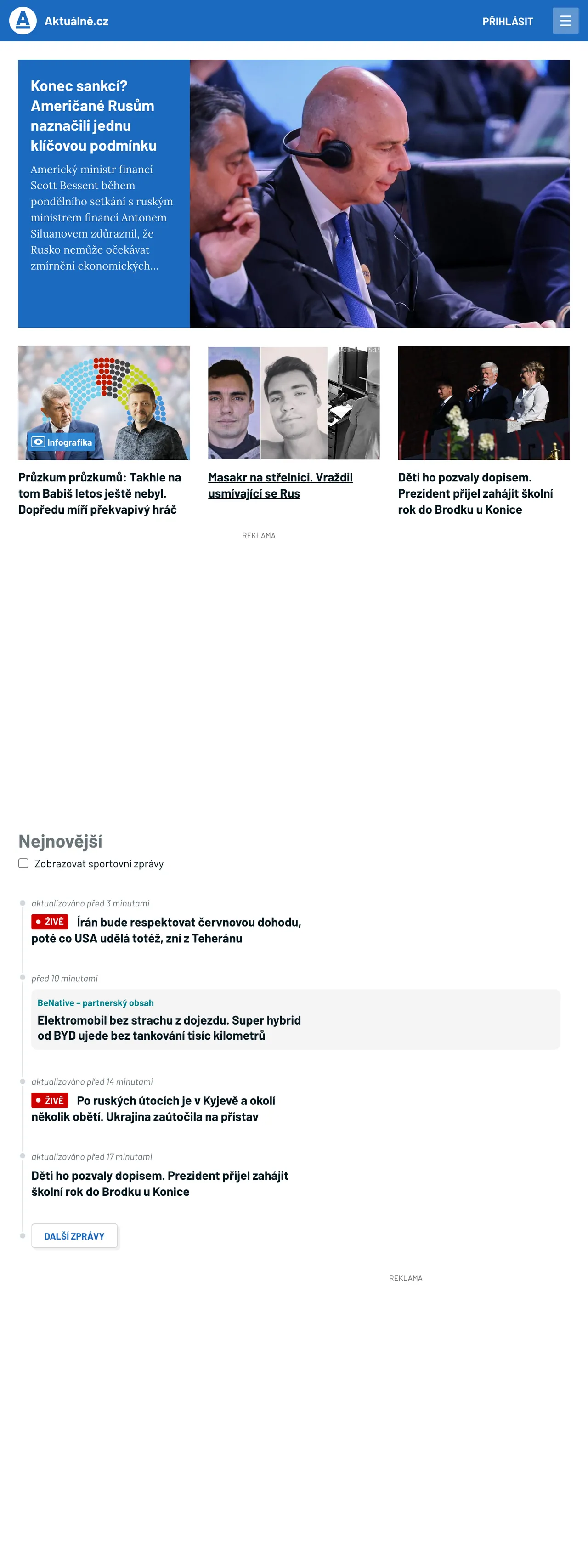Screenshot of the Aktuálně.cz front page